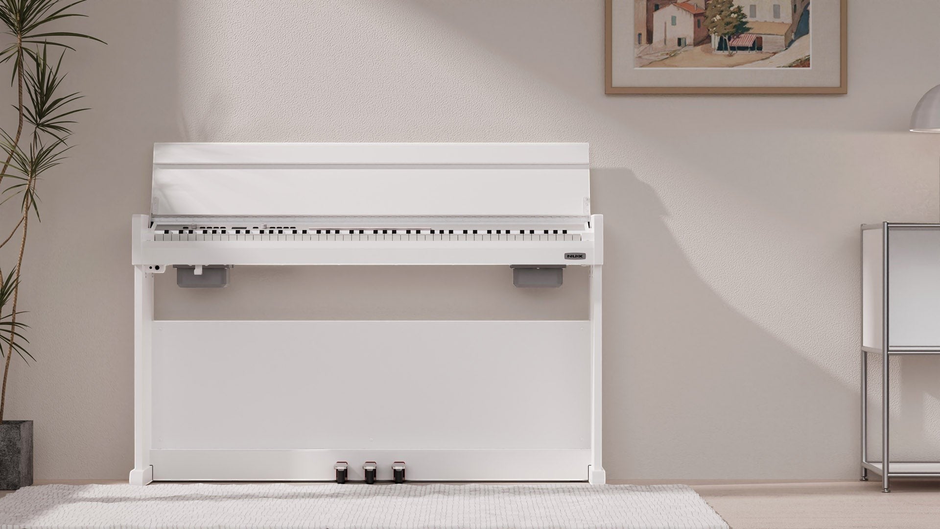 Đàn piano điện TÂN NHẠC CỤ NUX NCK-330 màu trắng dáng tủ hiện đại với 88 phím búa và 3 pedal cố định trong không gian nhà