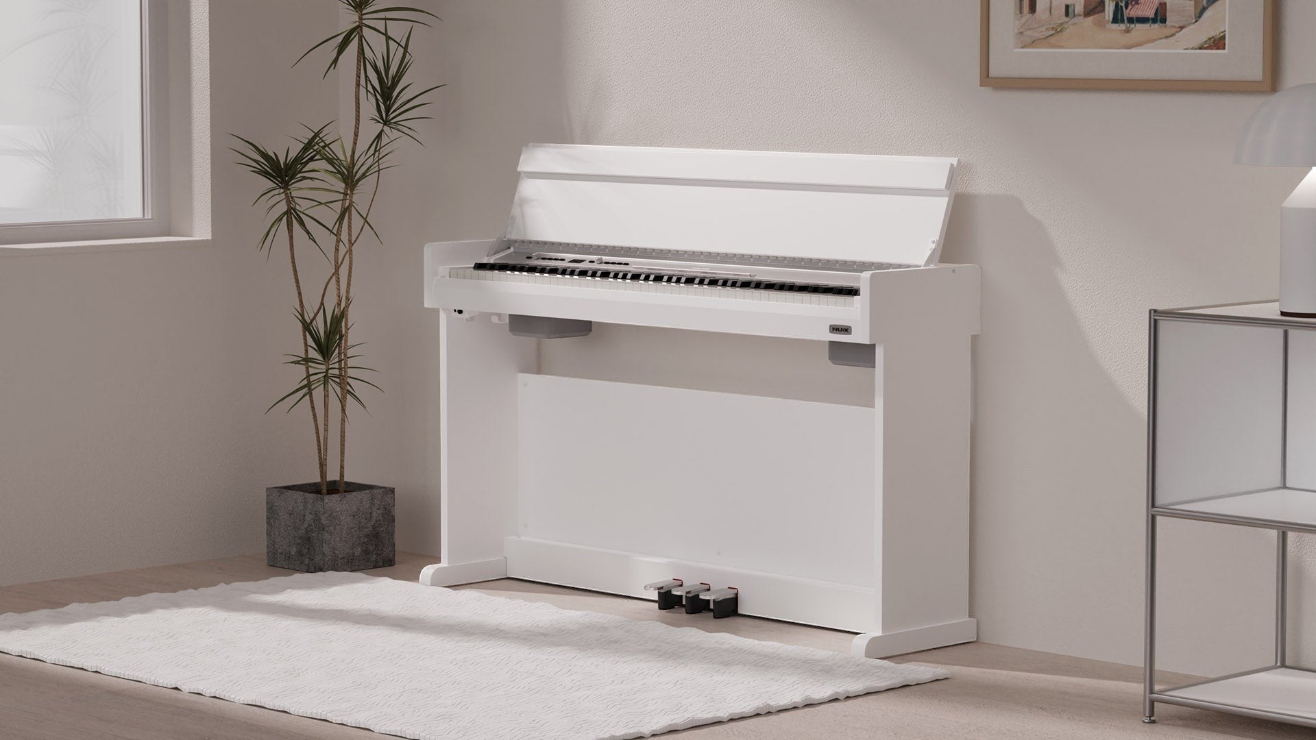 Đàn piano điện NUX NCK330 màu trắng dáng tủ hiện đại tại Tân Nhạc Cụ, thiết kế 88 phím búa sang trọng cho gia đình.