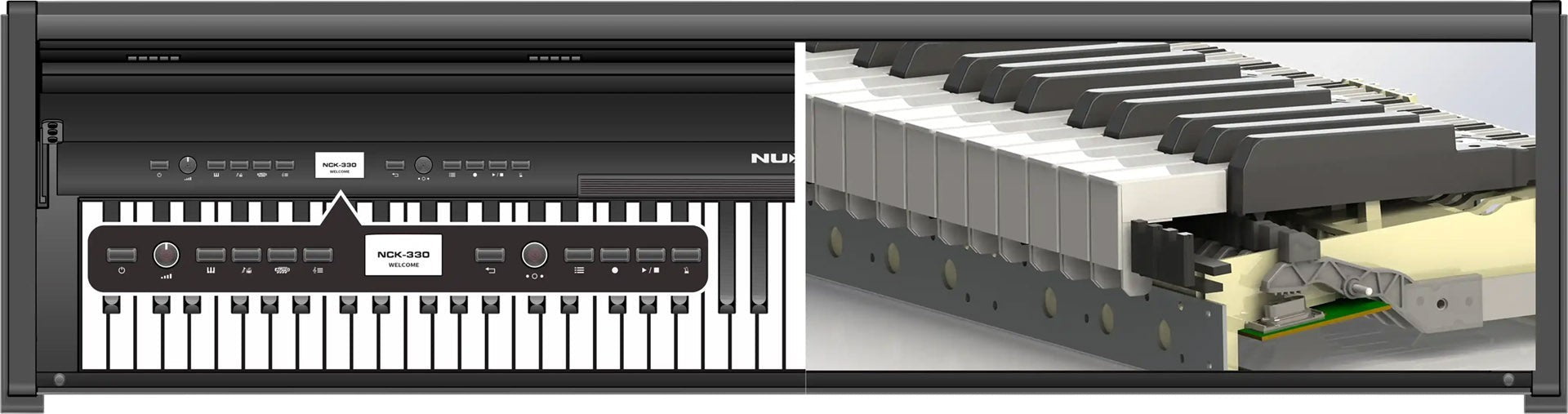 Đàn piano điện TÂN NHẠC CỤ Nux NCK330 với bảng điều khiển chi tiết và cấu trúc bàn phím cảm ứng lực 88 phím hiện đại