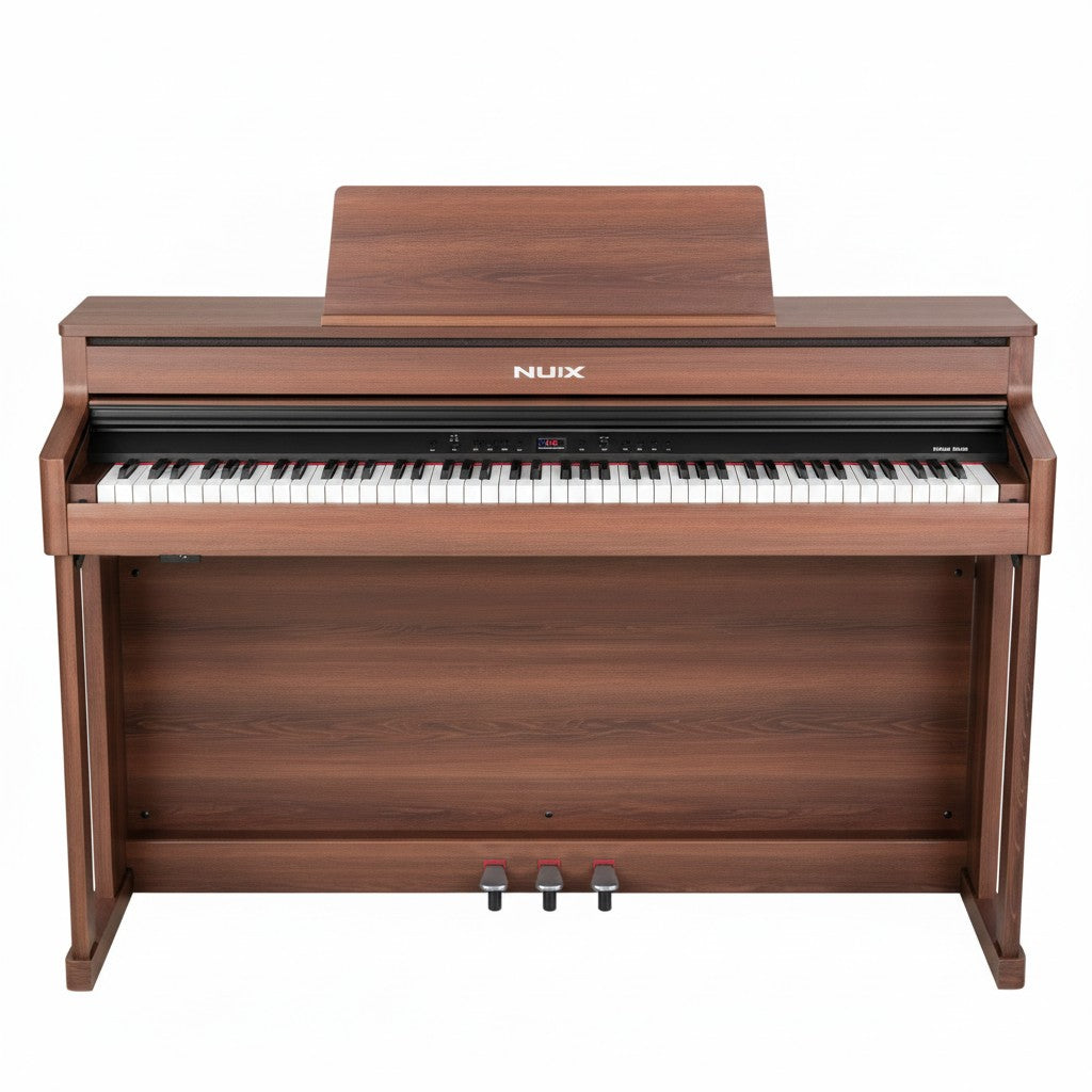 Đàn piano điện Nux NCK430 từ TÂN NHẠC CỤ với thiết kế gỗ sang trọng, bàn phím hammer-action và 3 pedal chân thực