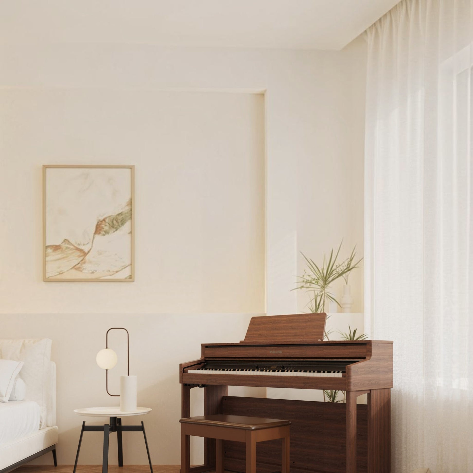Đàn piano điện Nux NCK430 màu gỗ sang trọng với thiết kế hiện đại tại TÂN NHẠC CỤ, đặt trong không gian phòng khách.