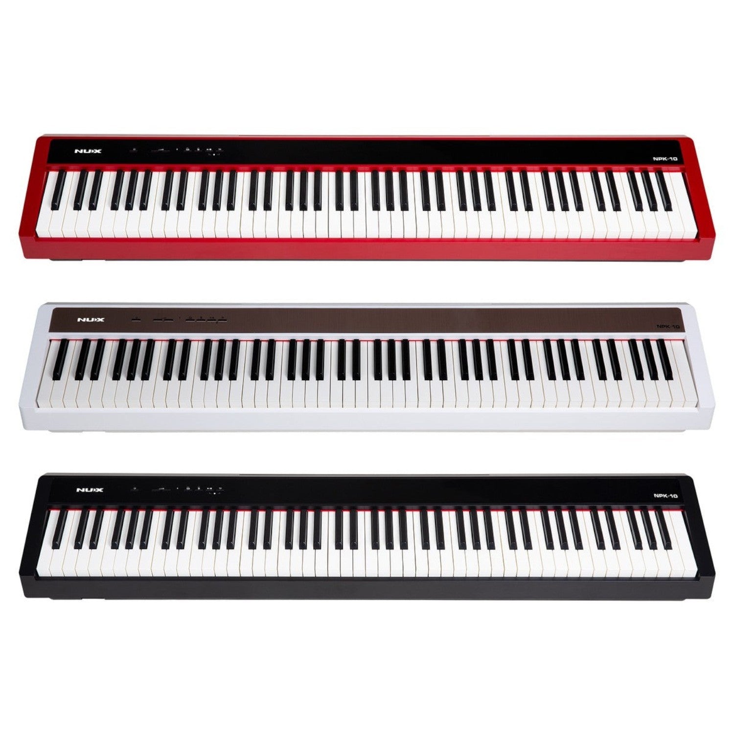Đàn piano điện NUX NPK-10 88 phím búa tại TÂN NHẠC CỤ với ba phiên bản màu đỏ, trắng và đen sang trọng.