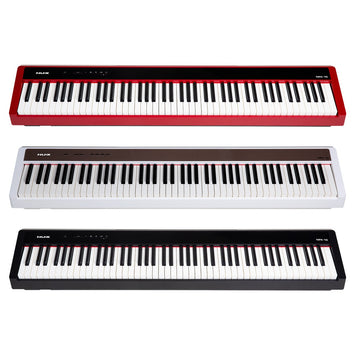 Đàn piano điện NUX NPK-10 88 phím búa tại TÂN NHẠC CỤ với ba phiên bản màu đỏ, trắng và đen sang trọng.