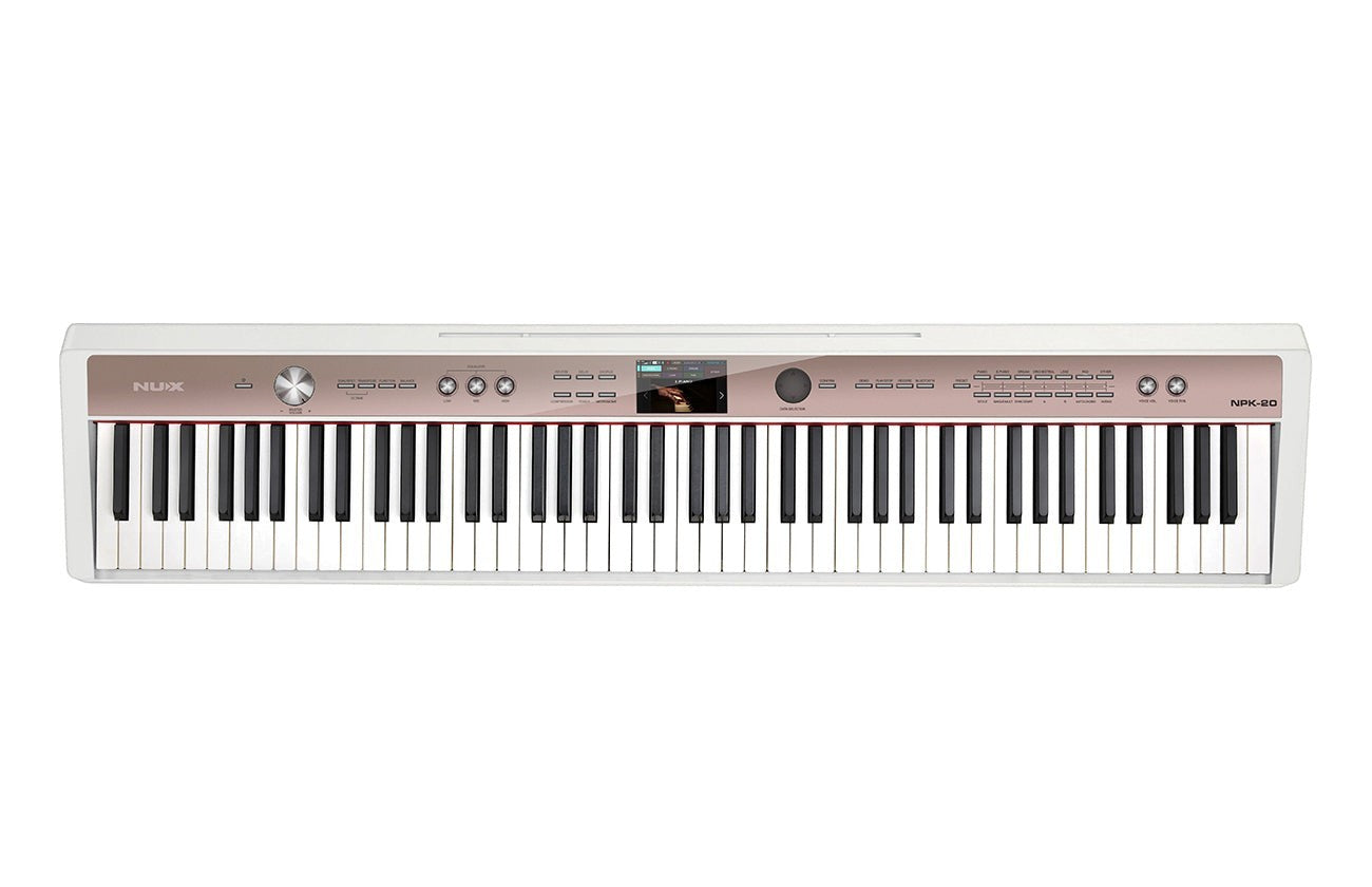 Đàn piano điện TÂN NHẠC CỤ NUX NPK-20 màu trắng với 88 phím búa và màn hình LCD màu hiện đại