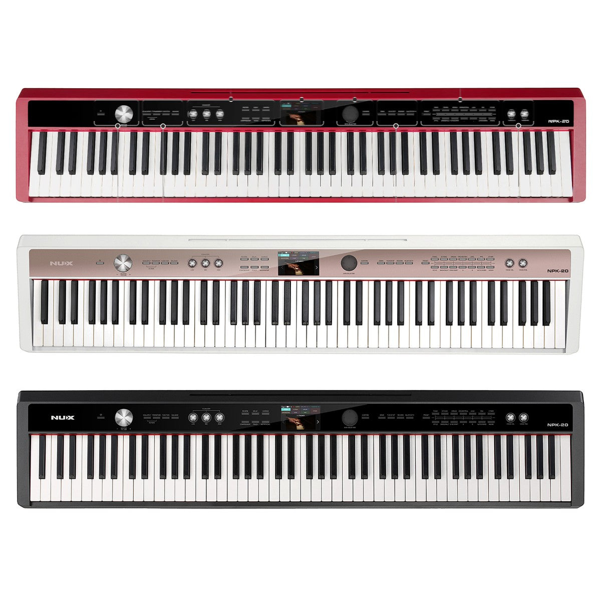 Đàn piano điện NUX NPK-20 tại TÂN NHẠC CỤ với ba phiên bản màu đỏ, trắng và đen sang trọng