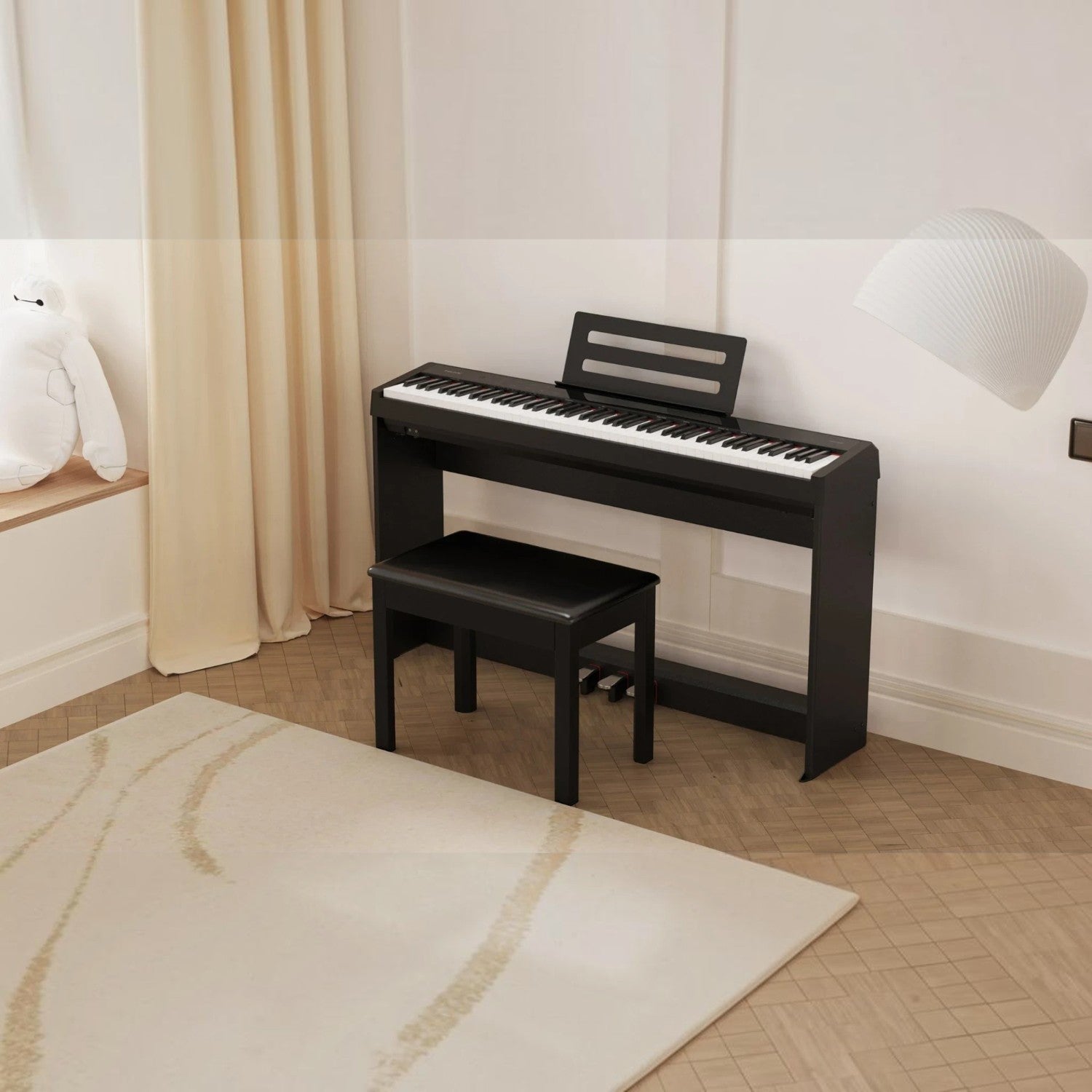 Đàn piano điện Nux NPK200 màu đen hiện đại tại TÂN NHẠC CỤ, thiết kế gọn nhẹ với ghế ngồi trong không gian phòng khách