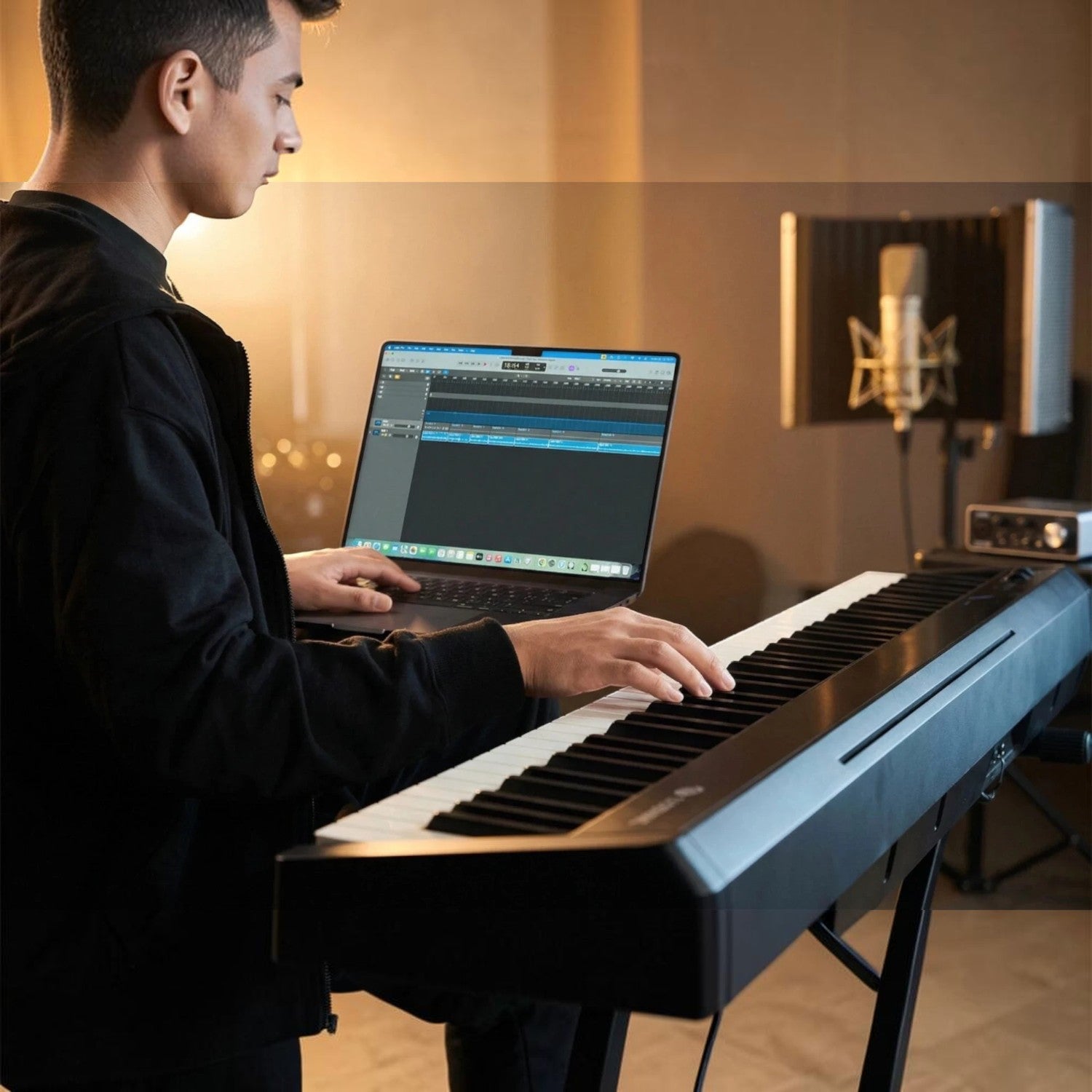 Nghệ sĩ sử dụng đàn piano điện TÂN NHẠC CỤ Nux NPK200 kết nối với máy tính để thu âm trong phòng thu chuyên nghiệp