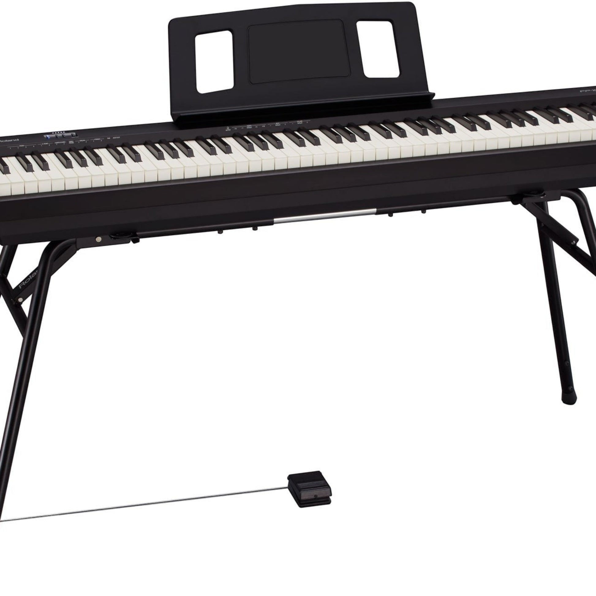 Đàn piano điện Roland FP-10 màu đen với bàn phím PHA-4, giá đỡ di động và pedal sustain tại Tân Nhạc Cụ