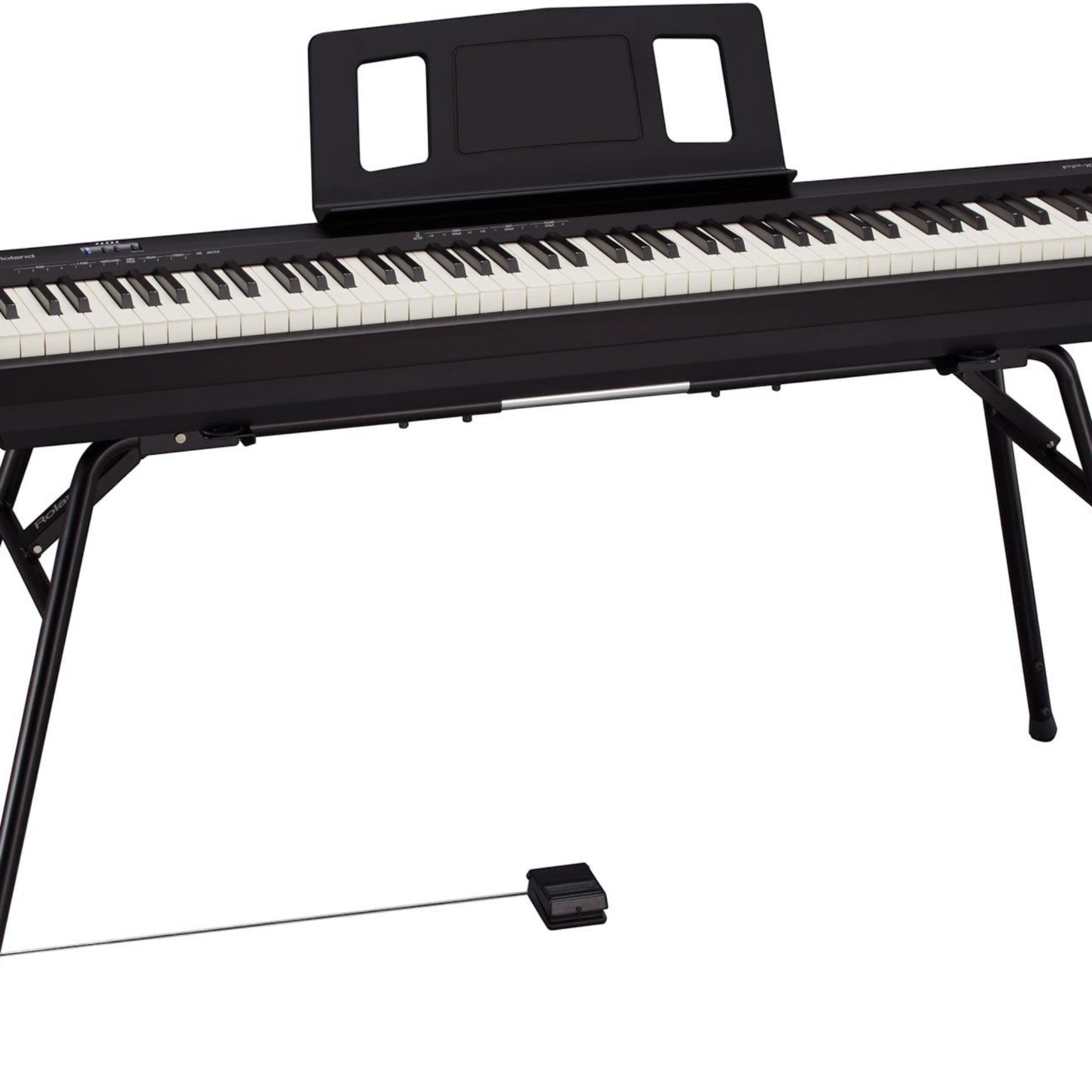 Đàn piano điện Roland FP-10 màu đen với bàn phím PHA-4, giá đỡ di động và pedal sustain tại Tân Nhạc Cụ