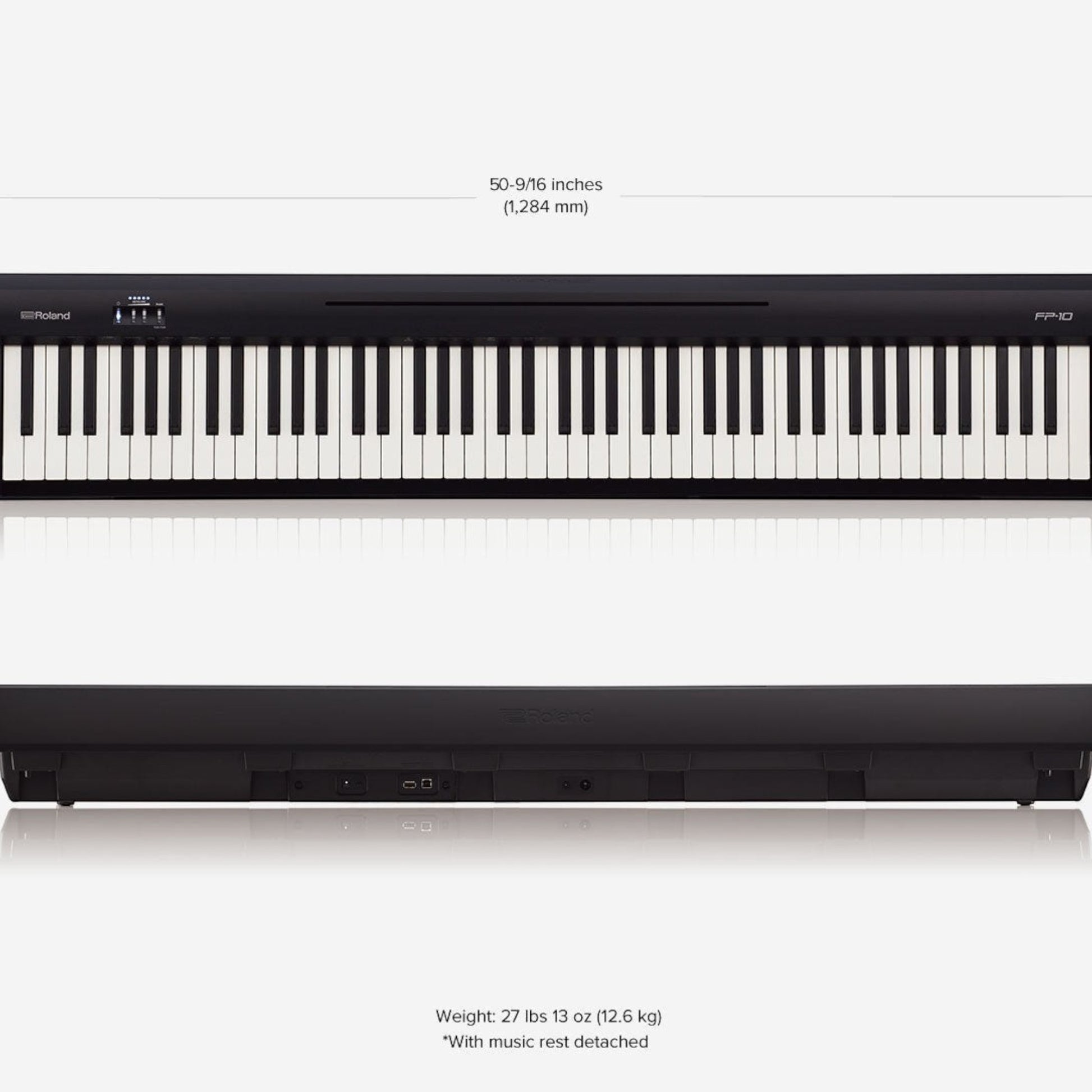 Đàn piano điện Roland FP-10 màu đen với bàn phím PHA-4, hiển thị kích thước chi tiết tại Tân Nhạc Cụ