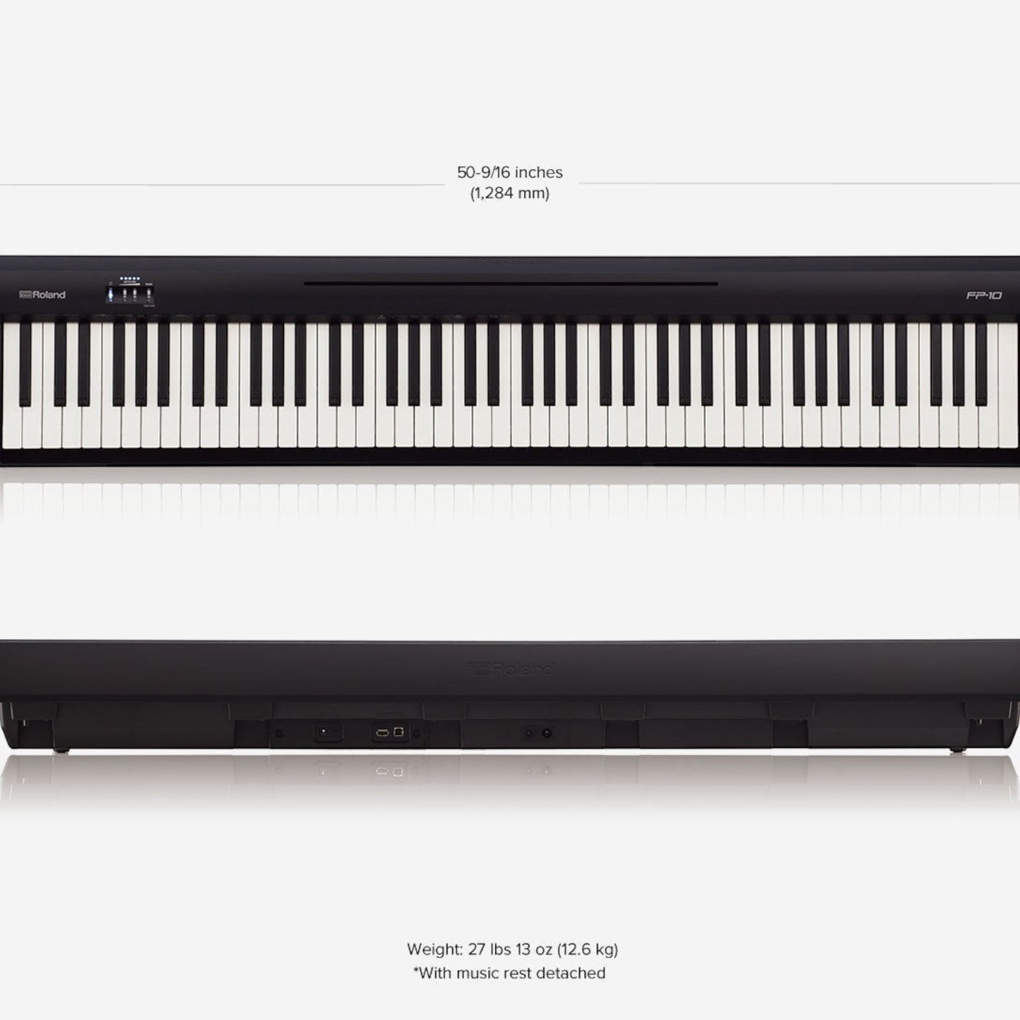 Đàn piano điện Roland FP-10 màu đen với bàn phím PHA-4, hiển thị kích thước chi tiết tại Tân Nhạc Cụ