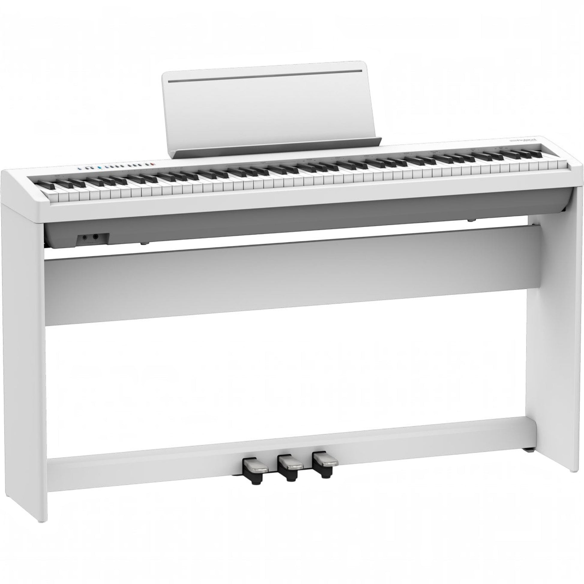 Đàn piano điện Roland FP-30X màu trắng tại TÂN NHẠC CỤ với chân đế và bộ 3 pedal, thiết kế hiện đại 88 phím.