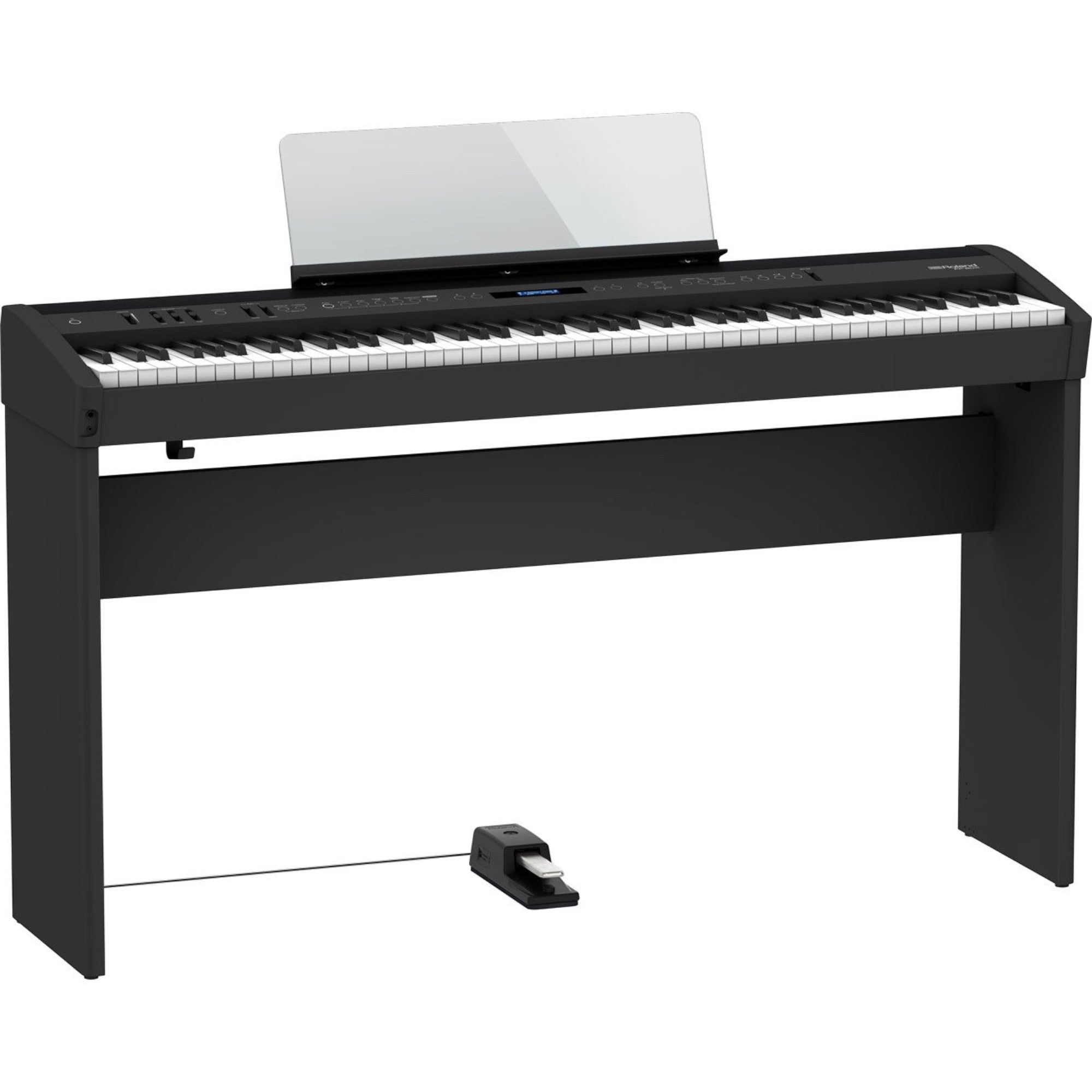 Đàn piano điện Roland FP-60X màu đen tại TÂN NHẠC CỤ, thiết kế hiện đại với 88 phím búa PHA-4 và giá nhạc trong suốt.