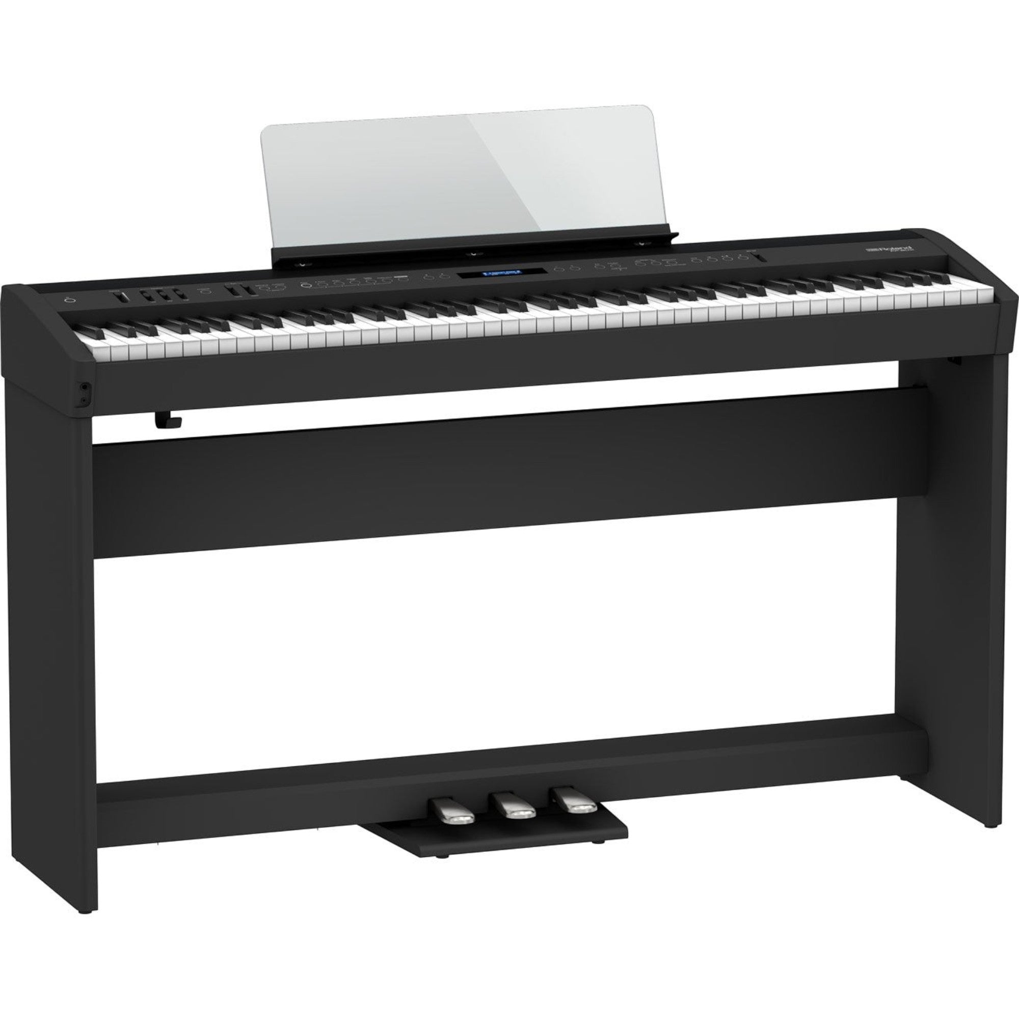 Đàn piano điện Roland FP-60X màu đen tại TÂN NHẠC CỤ, thiết kế 88 phím búa PHA-4, màn hình LCD và chân đế chuyên dụng.