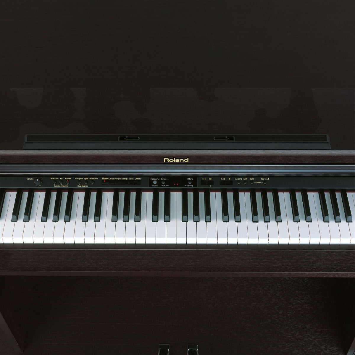 Đàn piano điện Roland HP-203 dáng tủ màu nâu gỗ tại Tân Nhạc Cụ, bàn phím PHA II Ivory Feel với cơ cấu escapement.