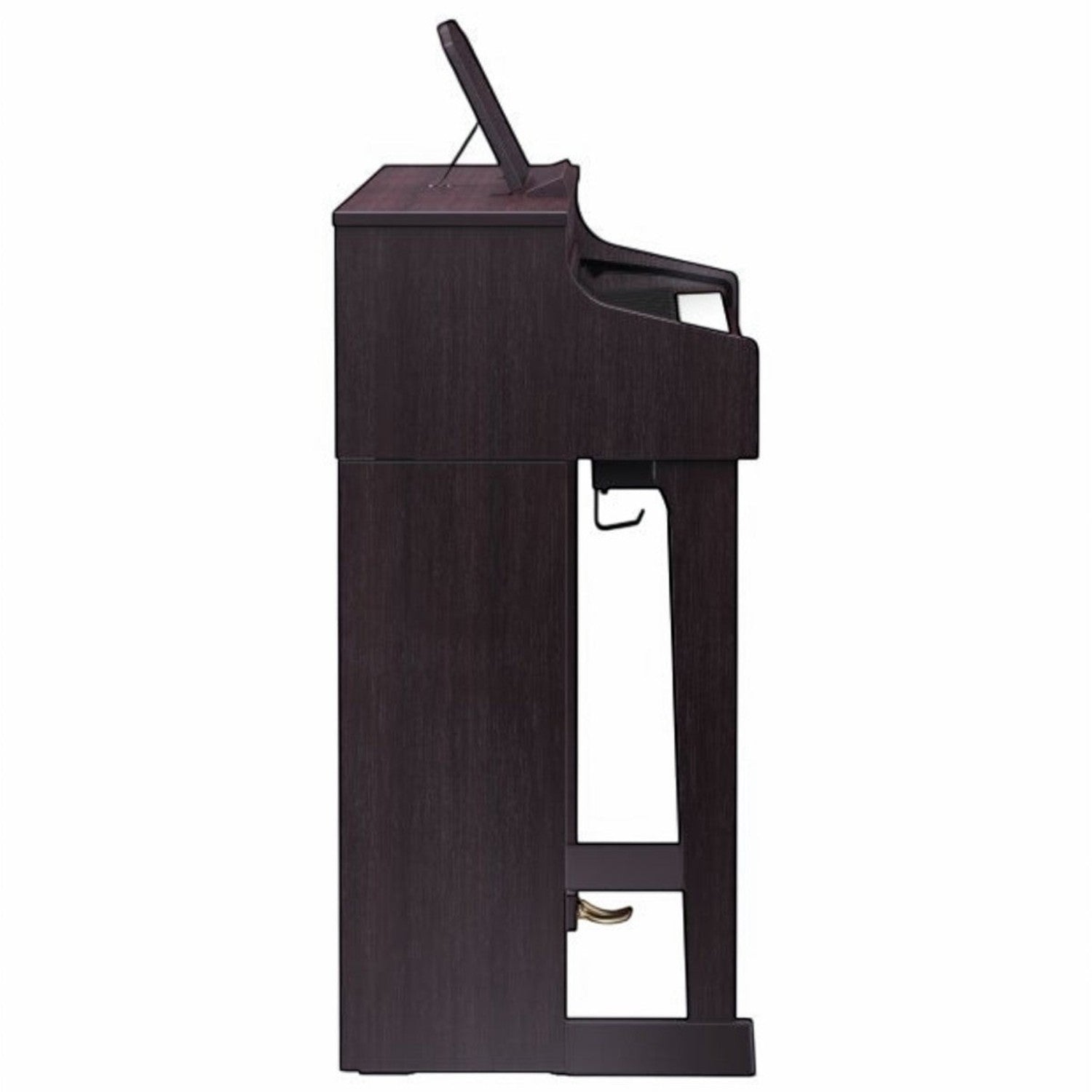 Góc nghiêng đàn piano điện Roland HP603 tại TÂN NHẠC CỤ với thiết kế dáng console sang trọng màu gỗ tối
