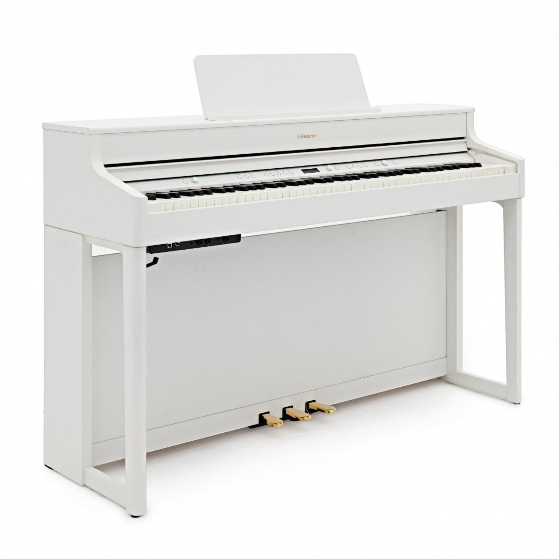 Đàn piano điện Roland HP702 màu trắng thanh lịch tại Tân Nhạc Cụ, thiết kế tủ đứng gọn gàng với 3 pedal vàng