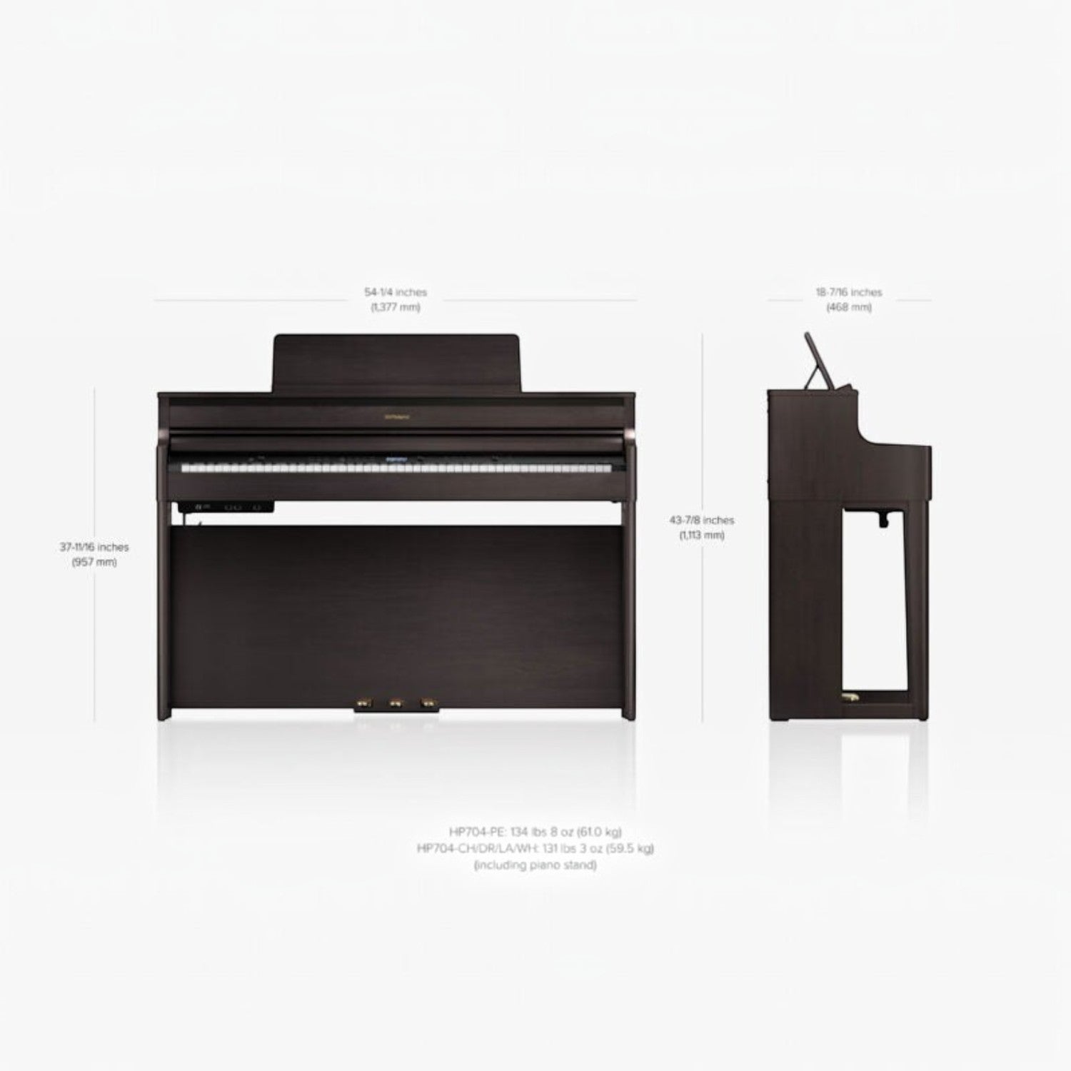 Đàn piano điện Roland HP704 màu nâu gỗ với thông số kích thước chi tiết tại Tân Nhạc Cụ