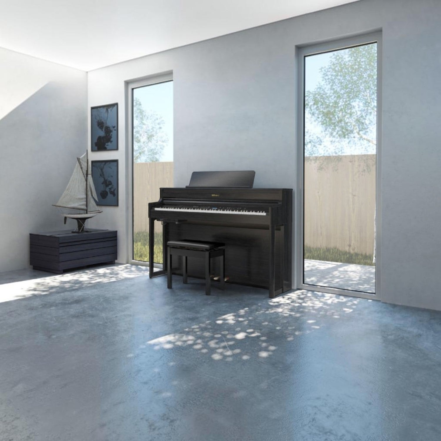 Đàn piano điện Roland HP704 màu đen sang trọng tại Tân Nhạc Cụ, thiết kế tủ đứng hiện đại trong không gian phòng khách
