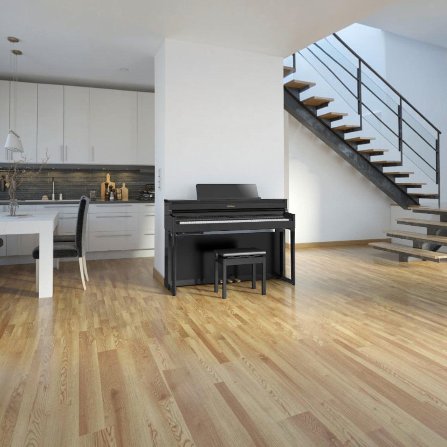 Đàn piano điện Roland HP704 màu đen sang trọng đặt trong phòng khách hiện đại tại TÂN NHẠC CỤ