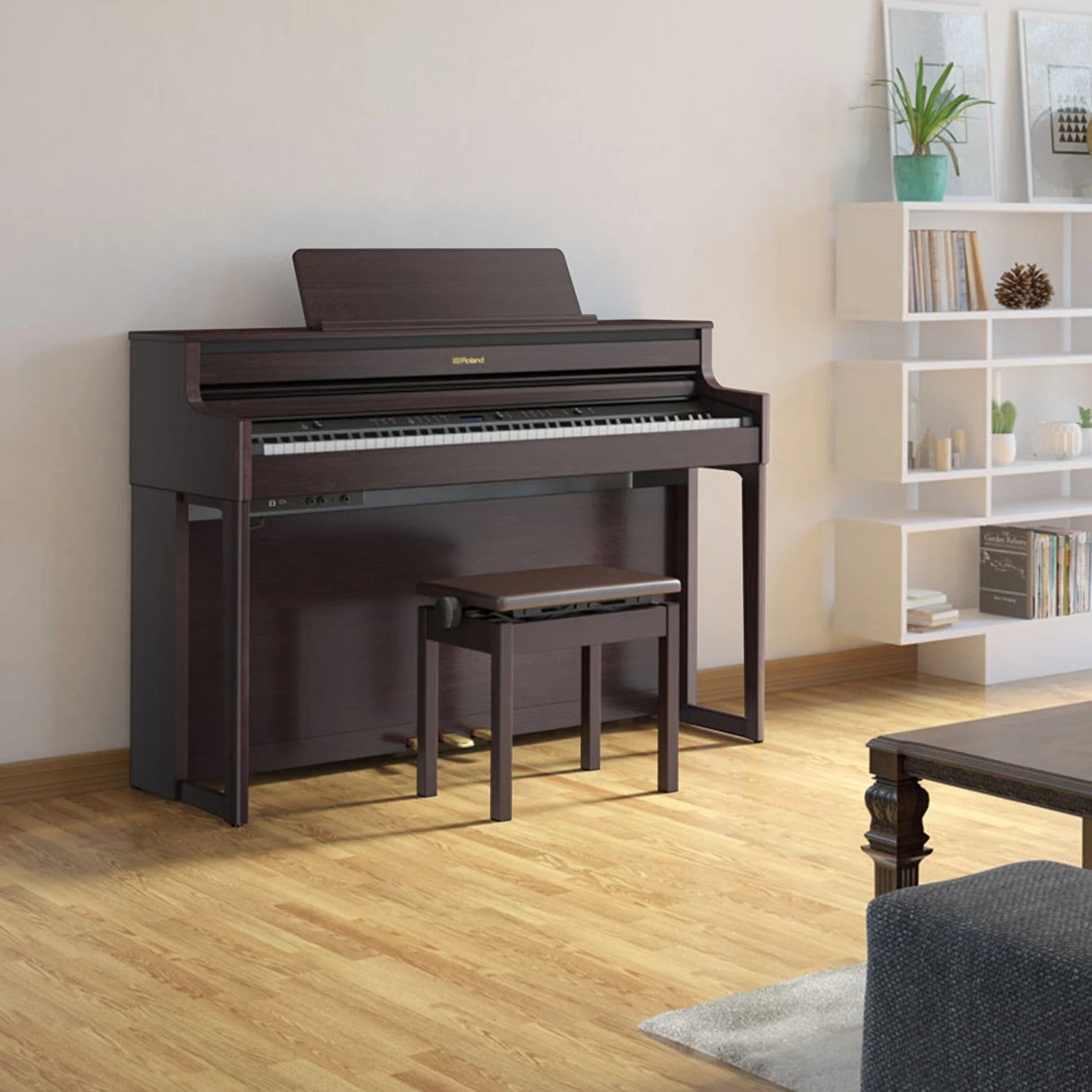 Đàn piano điện Roland HP704 màu nâu gỗ sang trọng tại Tân Nhạc Cụ với thiết kế tủ đứng hiện đại và ghế đàn đi kèm