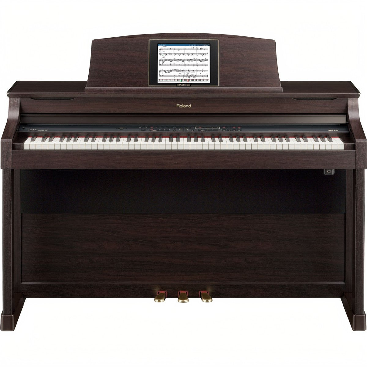 Đàn piano điện Roland HPi-7F màu gỗ nâu tại TÂN NHẠC CỤ với màn hình DigiScore học tập gắn trên giá nhạc