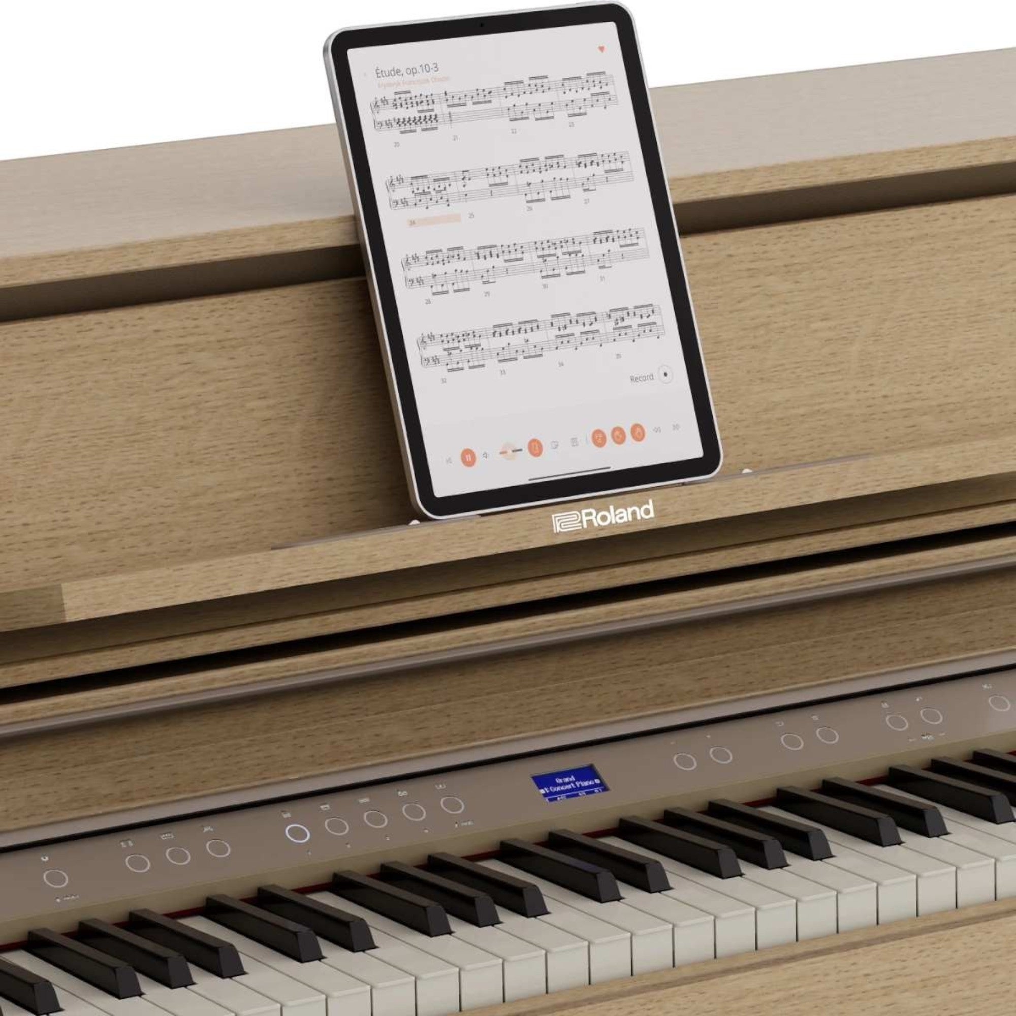 Đàn piano điện Roland LX-5 màu gỗ sồi sáng tại TÂN NHẠC CỤ với máy tính bảng đặt trên giá nhạc