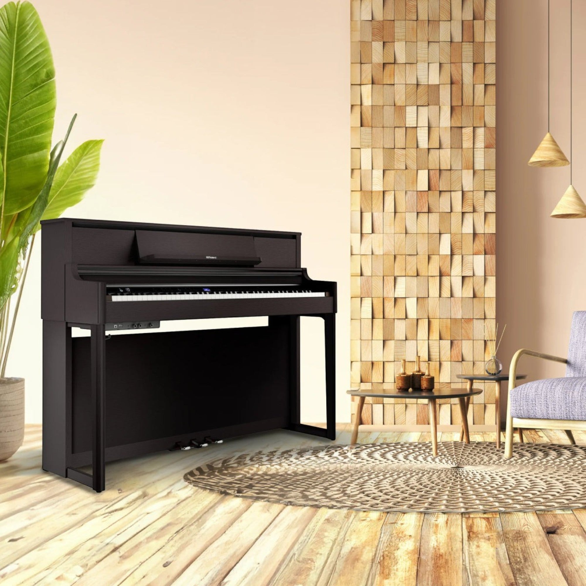Đàn piano điện TÂN NHẠC CỤ Roland LX-5 màu đen sang trọng, thiết kế tủ đứng hiện đại trong không gian nội thất ấm cúng.