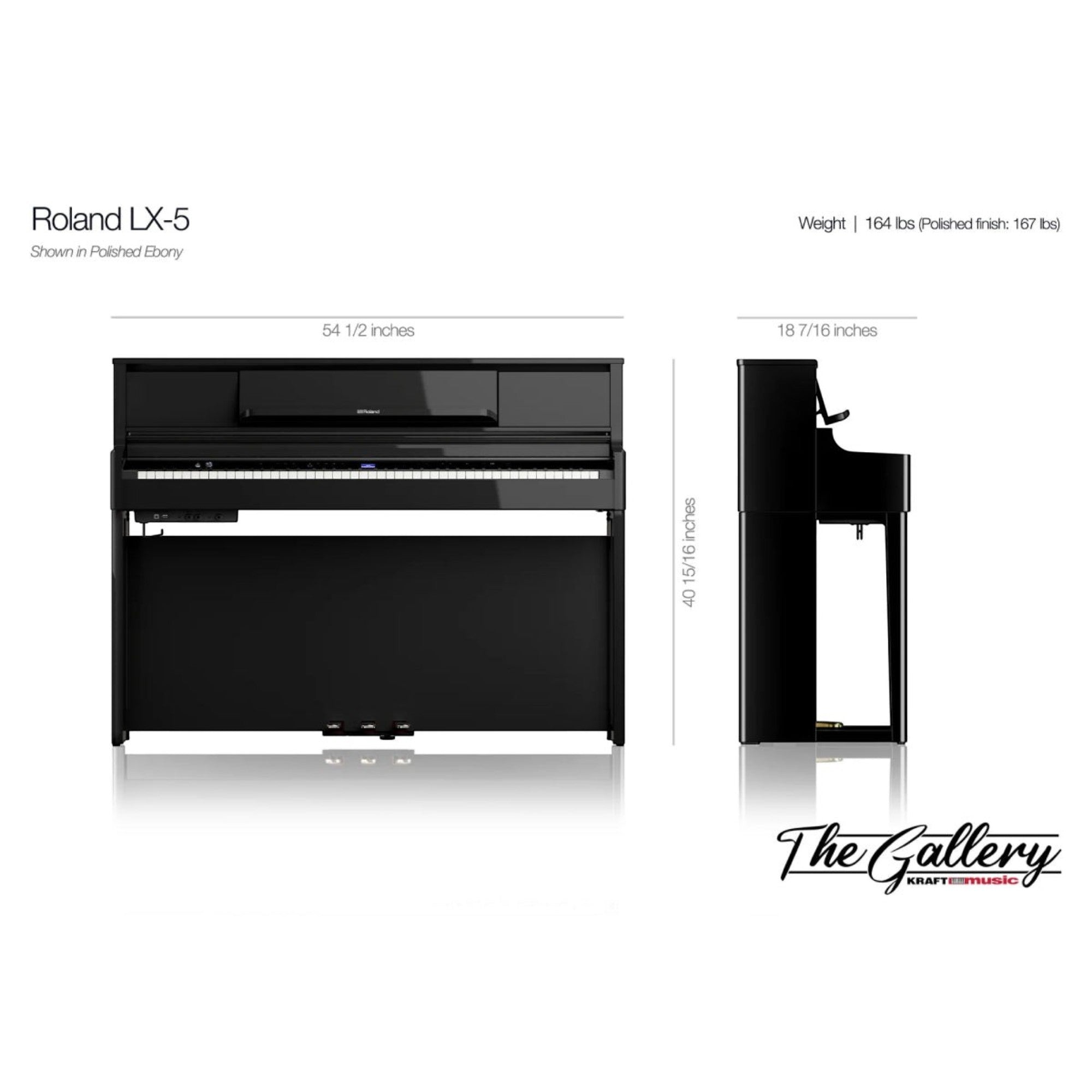 Đàn piano điện TÂN NHẠC CỤ Roland LX-5 màu đen bóng với thông số kích thước chi tiết