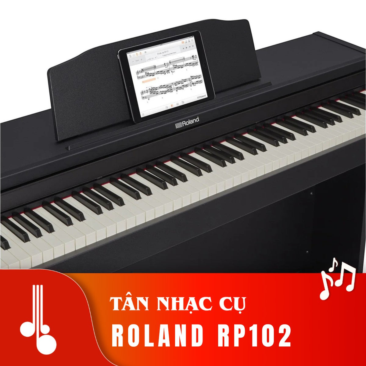 Đàn piano điện Roland RP102 màu đen tại Tân Nhạc Cụ, thiết kế dáng tủ với bàn phím PHA-4 và giá đỡ máy tính bảng
