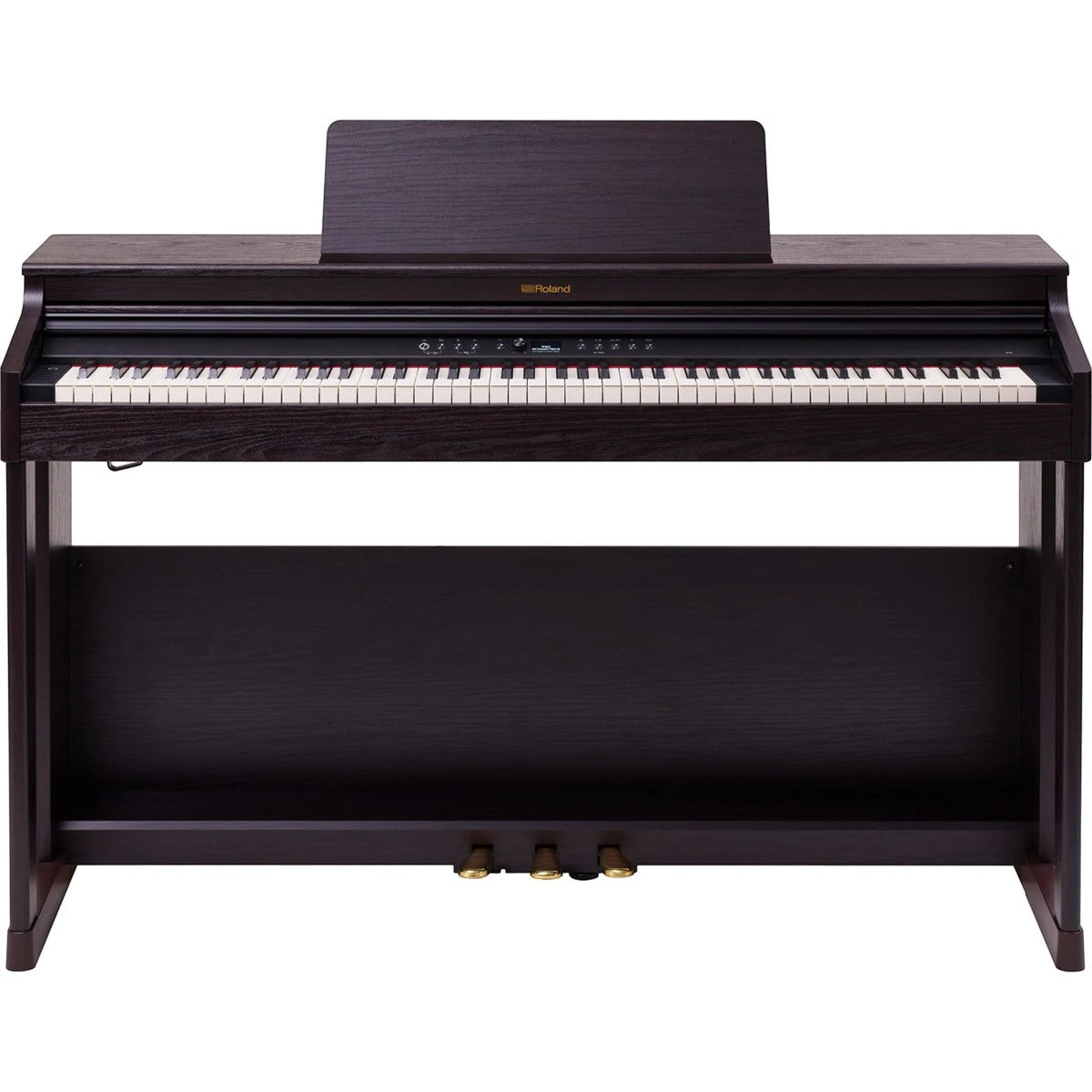Đàn piano điện Roland RP701 dáng tủ màu gỗ tối tại TÂN NHẠC CỤ, thiết kế thanh lịch với nắp phím trượt tiện lợi.