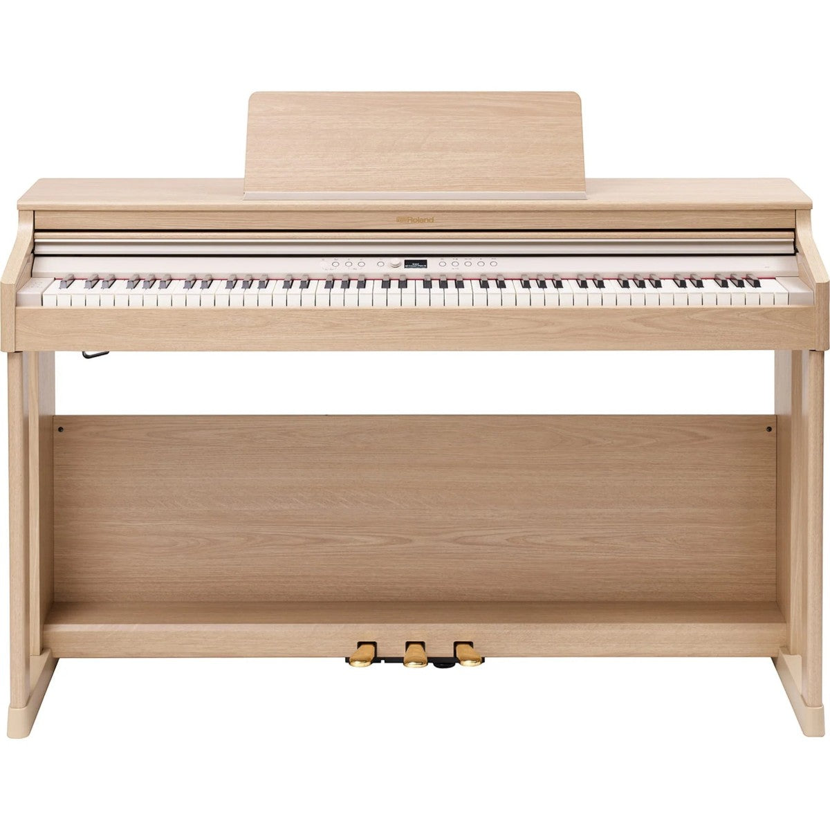 Đàn piano điện Roland RP701 dáng tủ màu gỗ sáng thanh lịch tại TÂN NHẠC CỤ, thiết kế upright với nắp phím trượt.