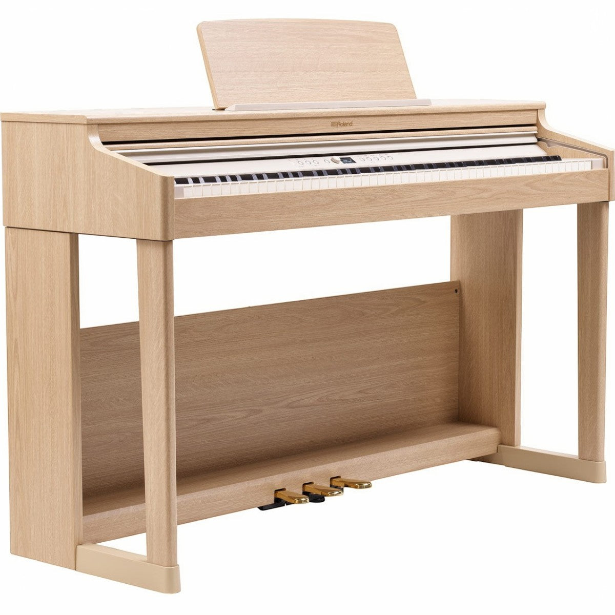 Đàn piano điện Roland RP701 màu gỗ sáng tại TÂN NHẠC CỤ, thiết kế dáng tủ upright thanh lịch với nắp phím trượt.