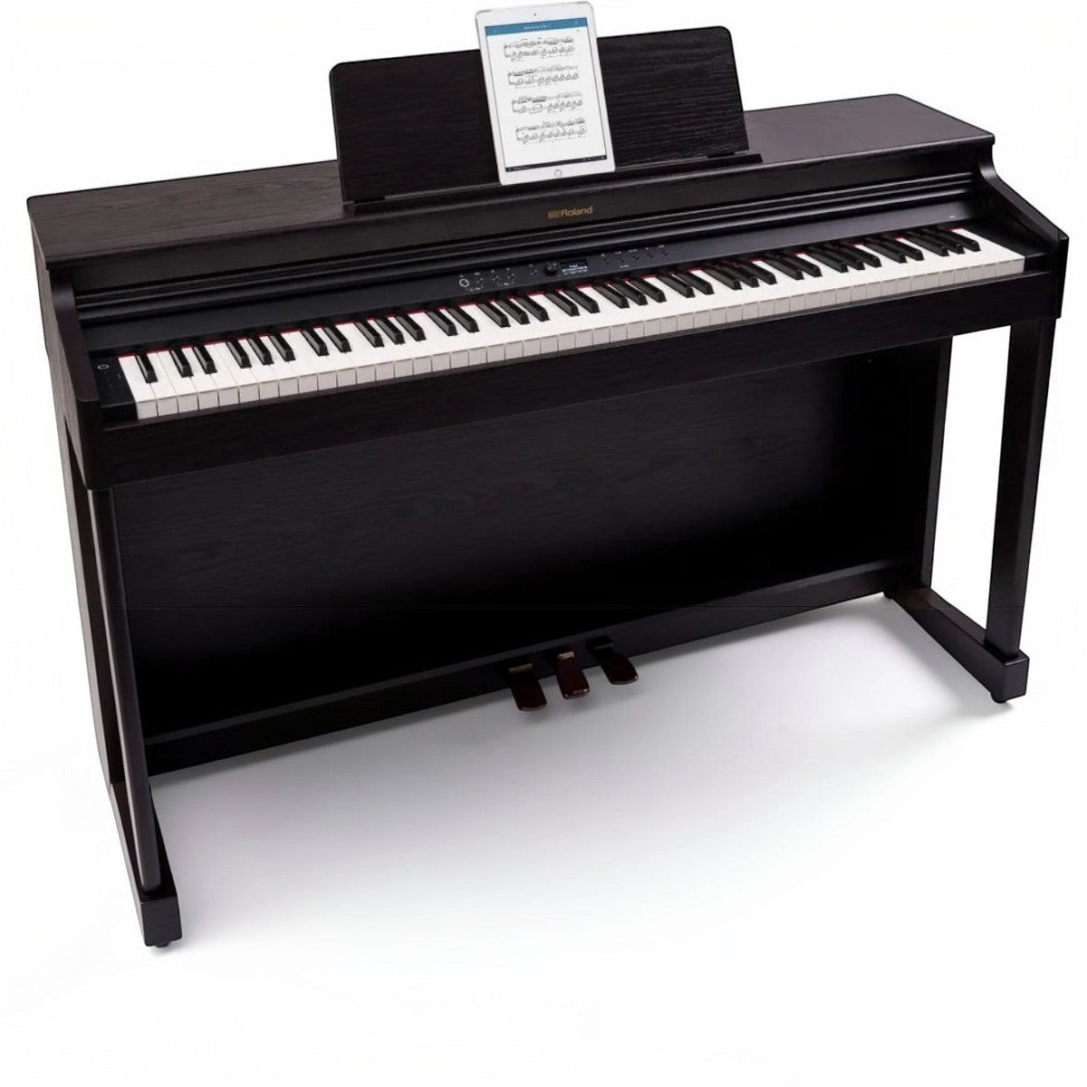 Đàn piano điện Roland RP701 màu đen dáng tủ sang trọng tại TÂN NHẠC CỤ, thiết kế upright hiện đại với nắp phím trượt.