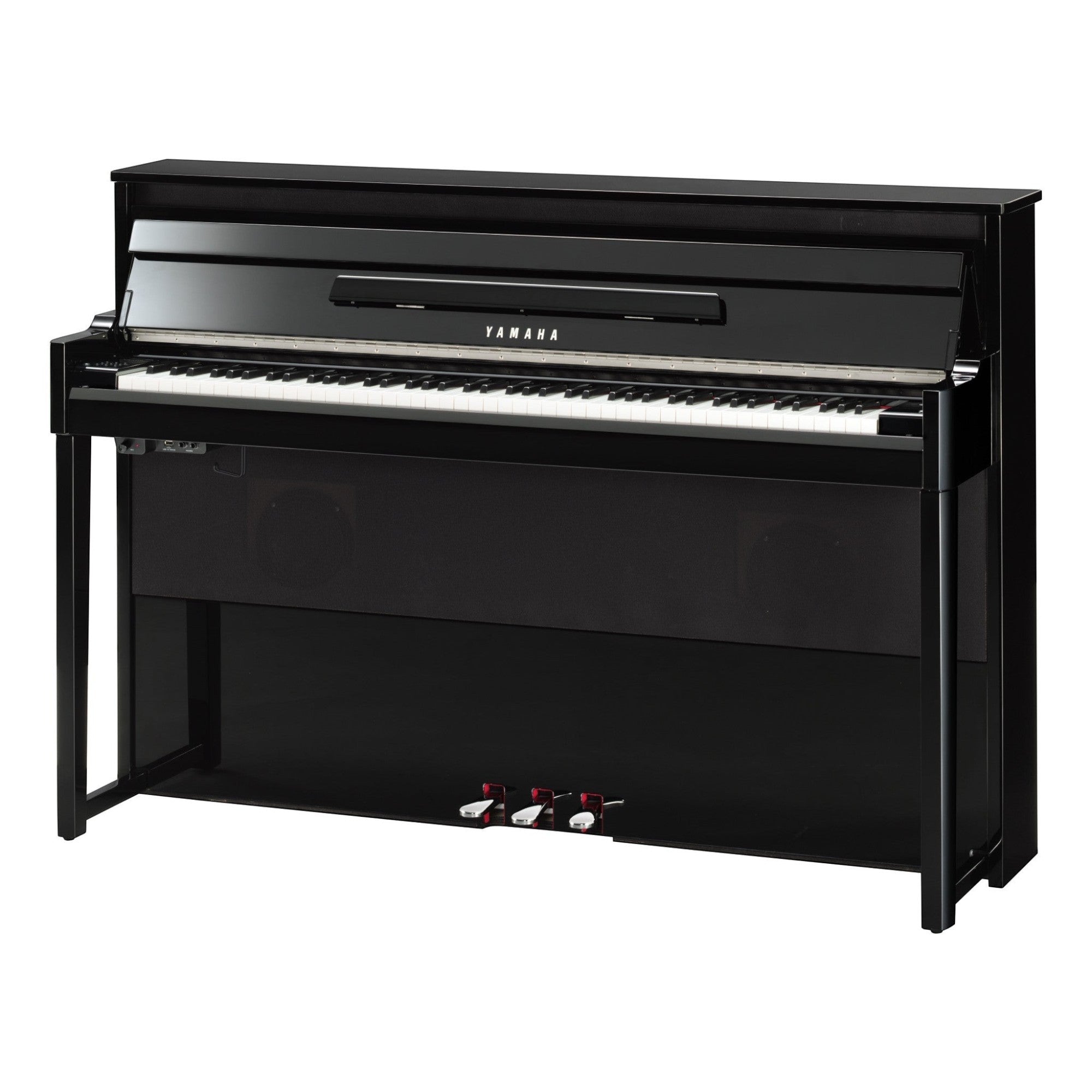 Đàn piano điện lai Yamaha NU1X màu đen bóng tại TÂN NHẠC CỤ, thiết kế upright sang trọng với phím gỗ thật.