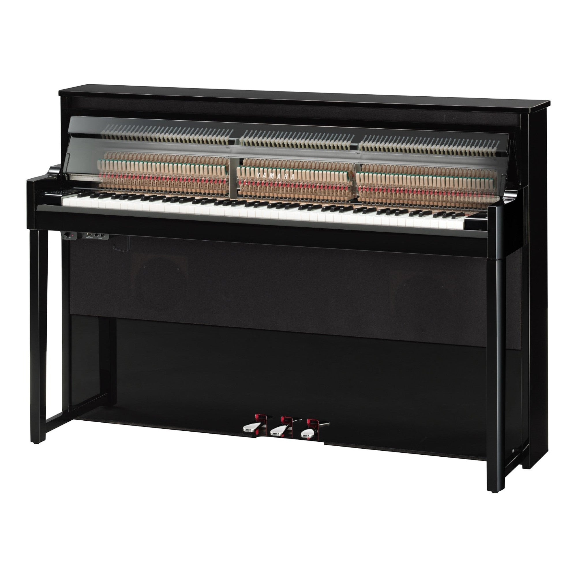 Đàn piano điện lai Yamaha NU1X màu đen bóng với bộ máy cơ upright thật tại Tân Nhạc Cụ