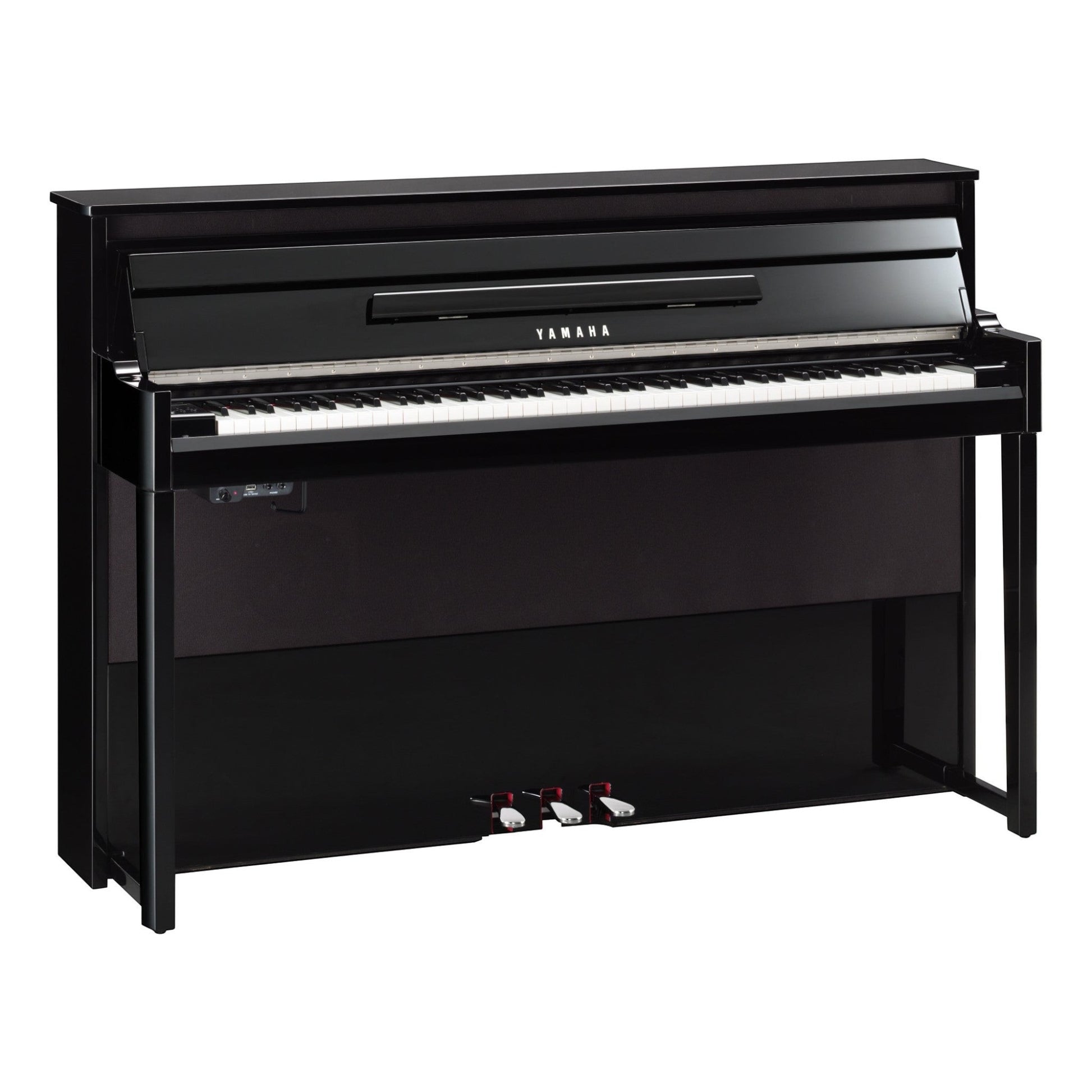Đàn piano điện lai Yamaha NU1X màu đen bóng tại TÂN NHẠC CỤ với bộ máy cơ upright thật và phím gỗ cao cấp