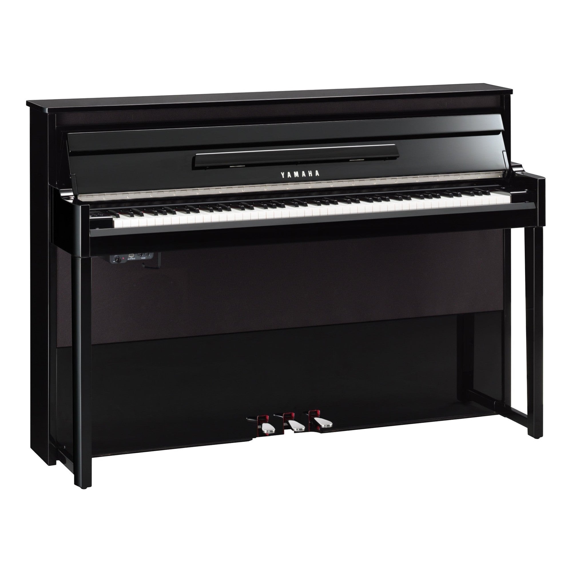 Đàn piano điện lai Yamaha NU1X màu đen bóng tại TÂN NHẠC CỤ với bộ máy cơ upright thật và phím gỗ cao cấp