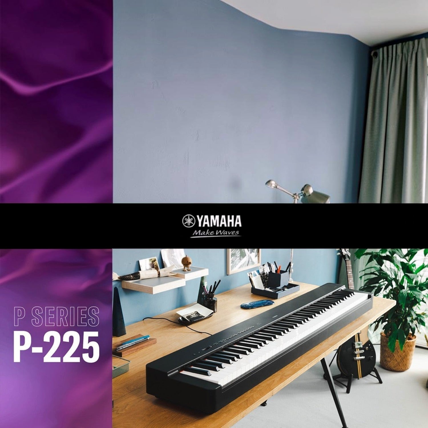 Đàn piano điện Yamaha P-225 màu đen đặt trên bàn gỗ trong không gian phòng khách hiện đại tại TÂN NHẠC CỤ