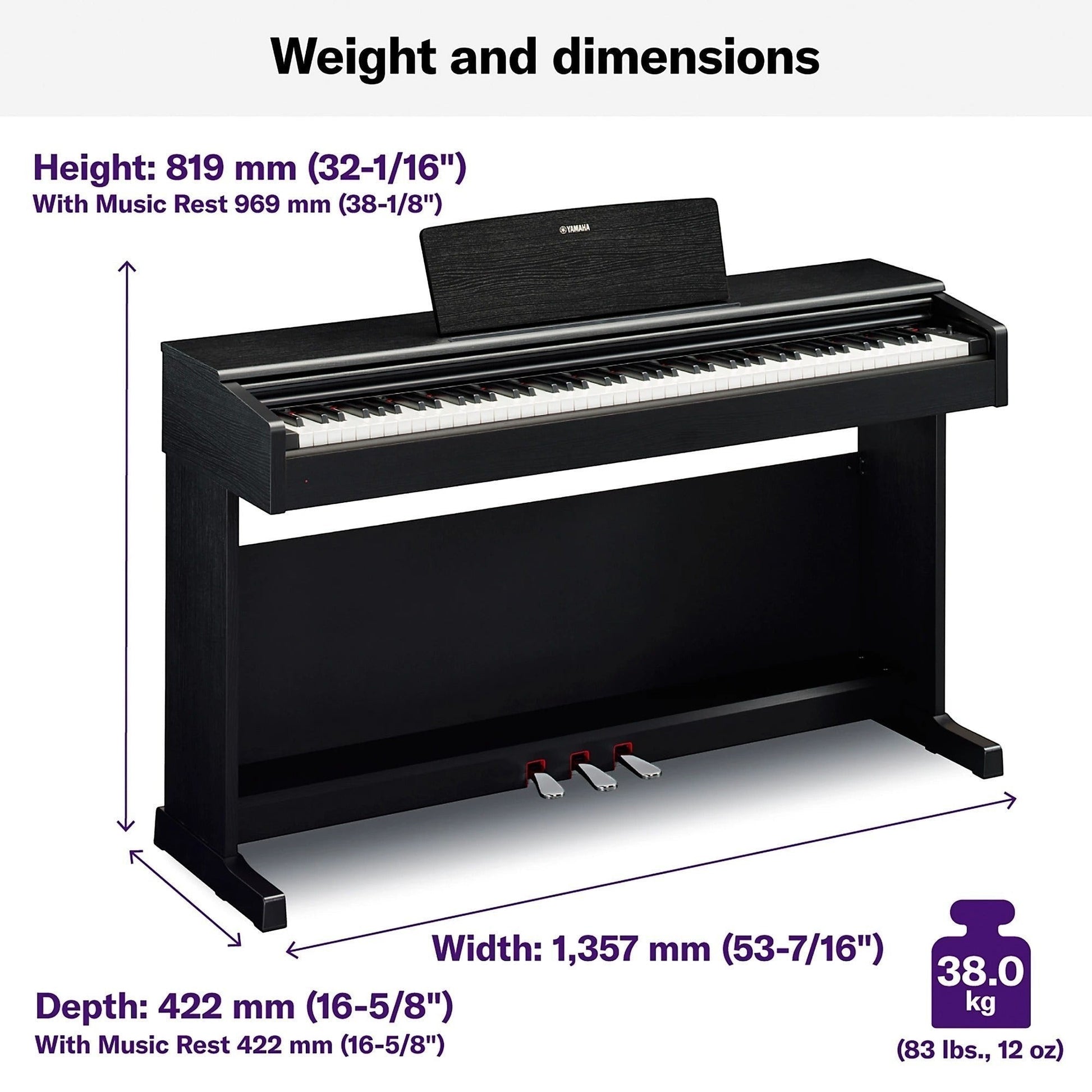 Đàn piano điện Yamaha YDP-144 màu đen tại TÂN NHẠC CỤ với thông số kích thước và trọng lượng chi tiết