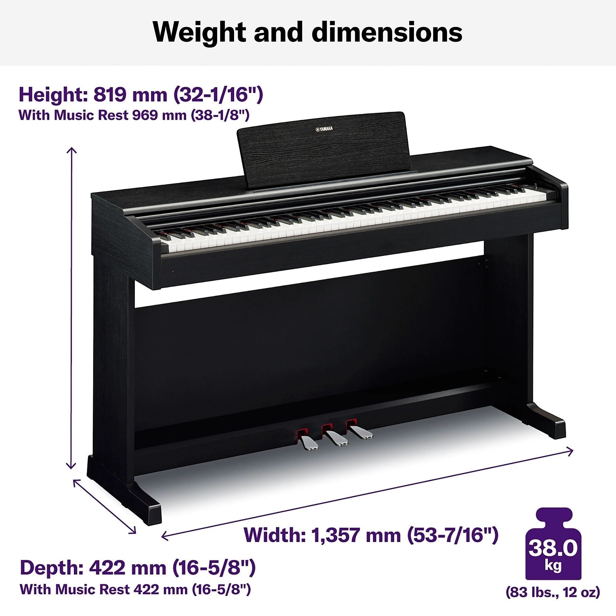 Đàn piano điện Yamaha YDP-144 màu đen tại TÂN NHẠC CỤ với thông số kích thước và trọng lượng chi tiết