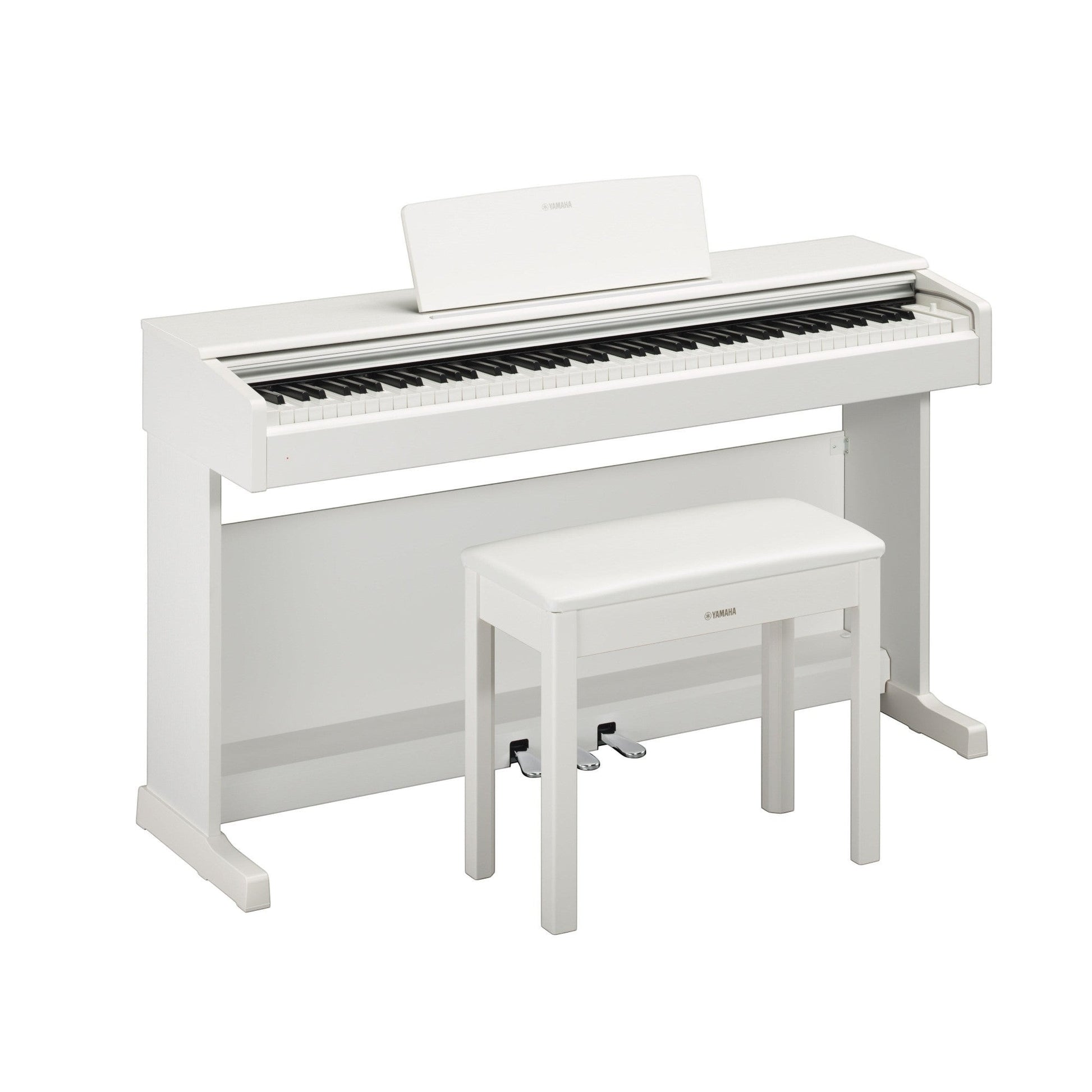 Đàn piano điện TÂN NHẠC CỤ Yamaha YDP-144 màu trắng trang nhã với ghế đàn đi kèm, thiết kế dáng tủ hiện đại.