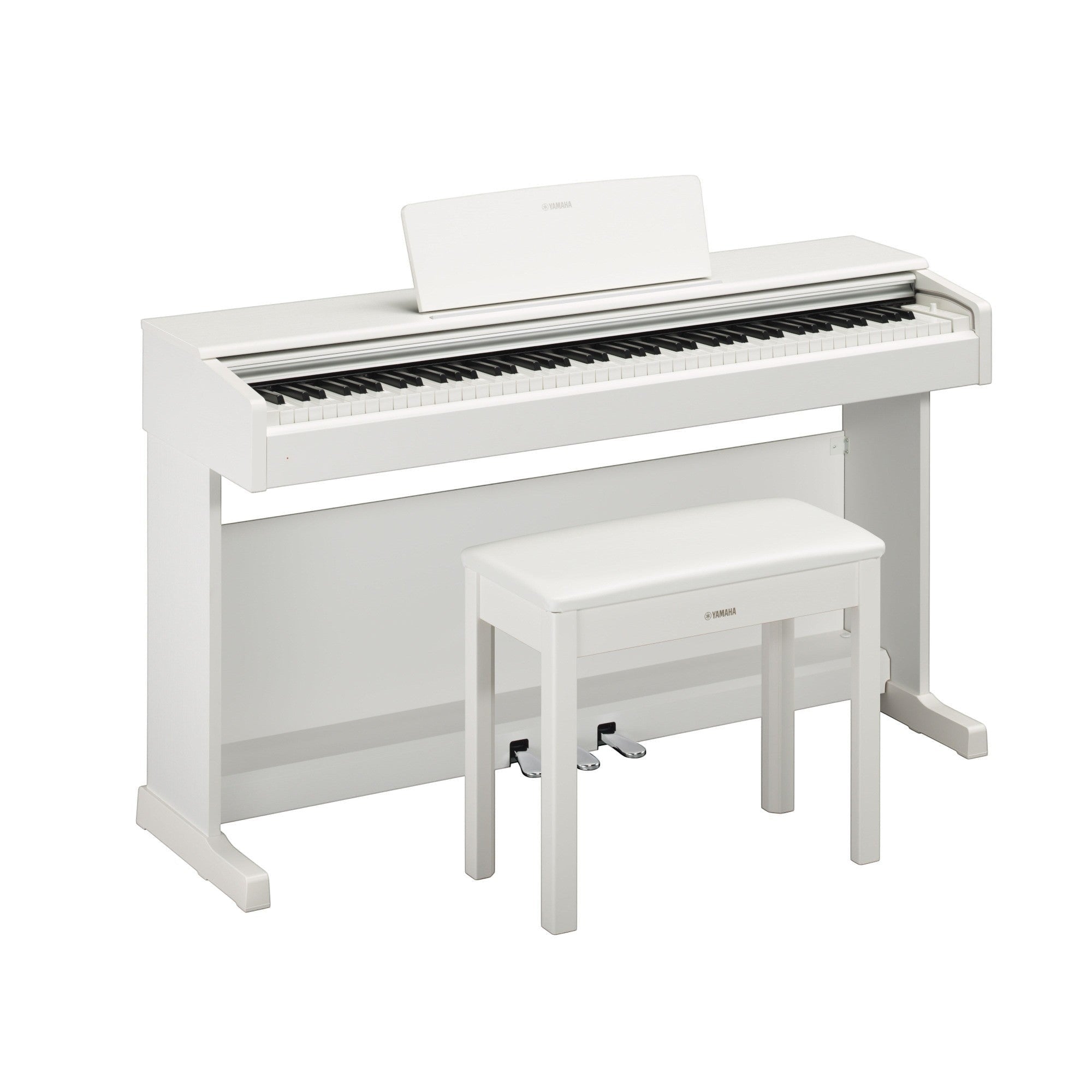Đàn piano điện TÂN NHẠC CỤ Yamaha YDP-144 màu trắng trang nhã với ghế đàn đi kèm, thiết kế dáng tủ hiện đại.
