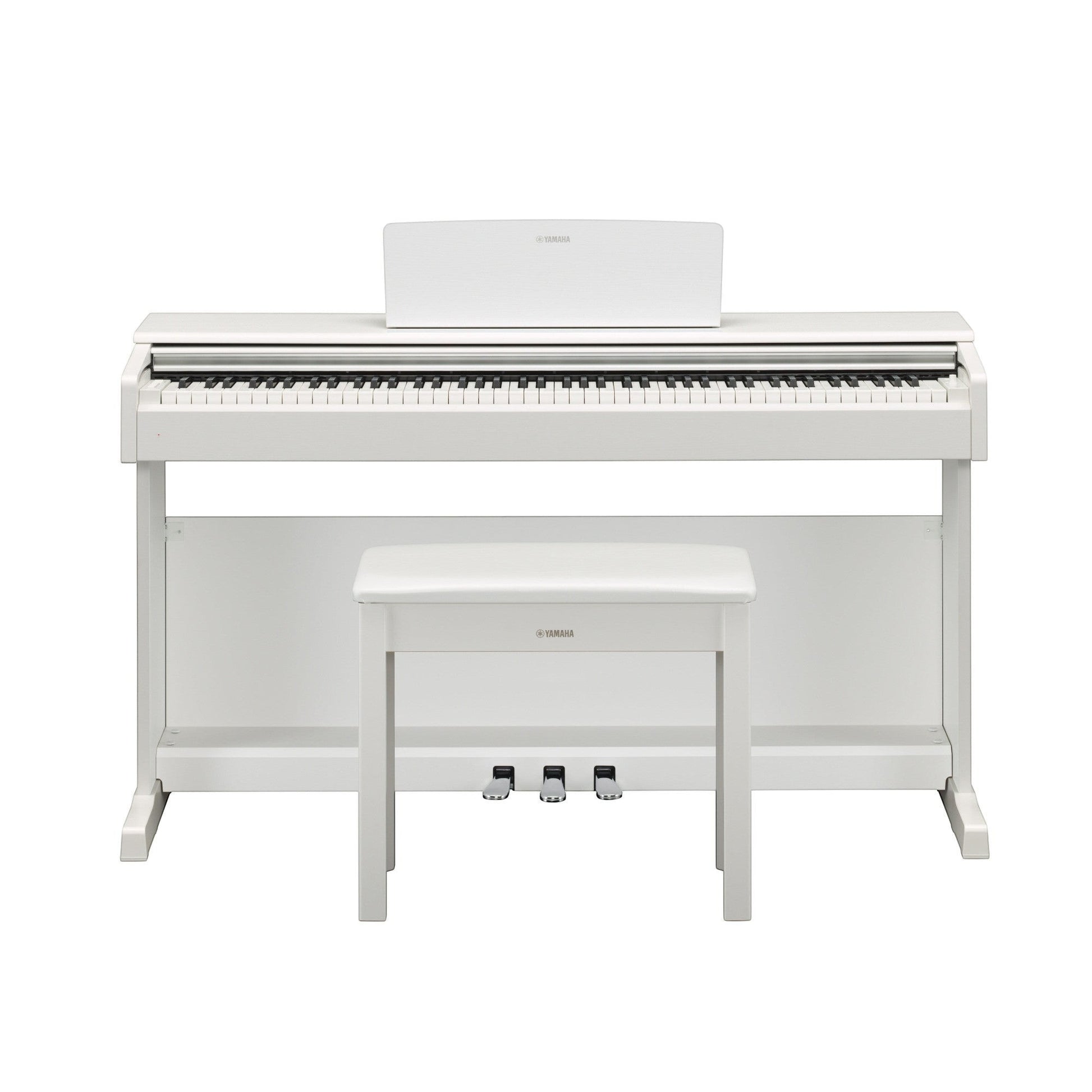Đàn piano điện Yamaha YDP-144 màu trắng trang nhã tại TÂN NHẠC CỤ, thiết kế dáng tủ hiện đại với ghế đi kèm.