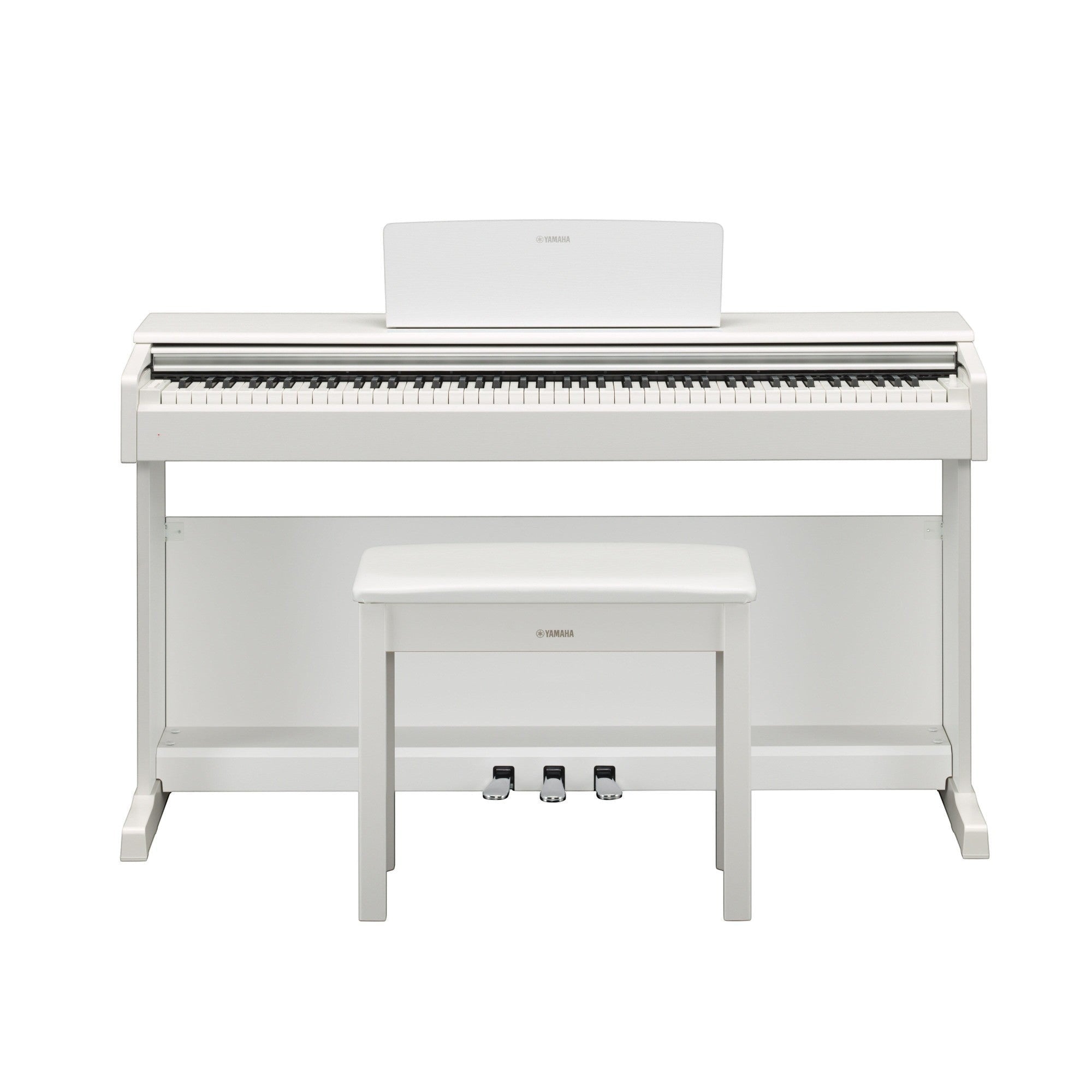 Đàn piano điện Yamaha YDP-144 màu trắng trang nhã tại TÂN NHẠC CỤ, thiết kế dáng tủ hiện đại với ghế đi kèm.
