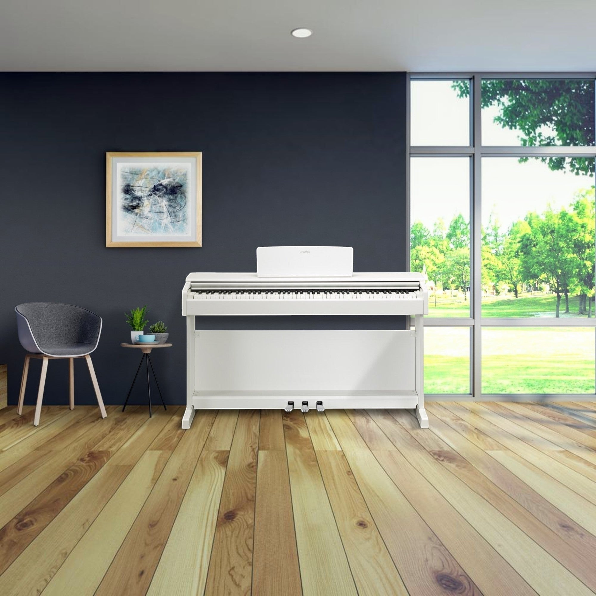 Đàn piano điện Yamaha YDP-144 màu trắng tại TÂN NHẠC CỤ, thiết kế dáng tủ hiện đại với 3 pedal và bàn phím GHS.