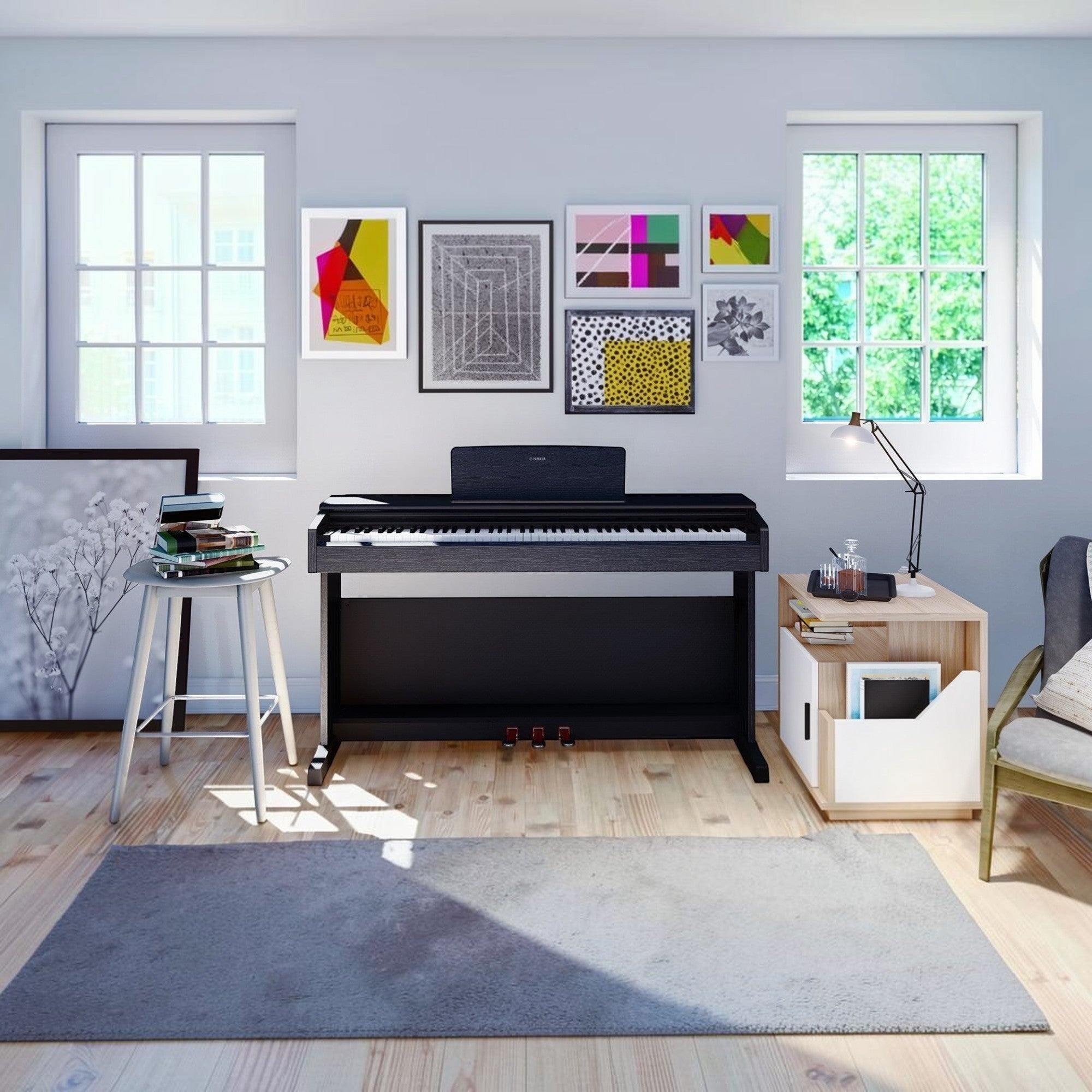 Đàn piano điện TÂN NHẠC CỤ Yamaha YDP-144 màu đen với thiết kế dáng tủ hiện đại, bàn phím GHS trong không gian phòng khách