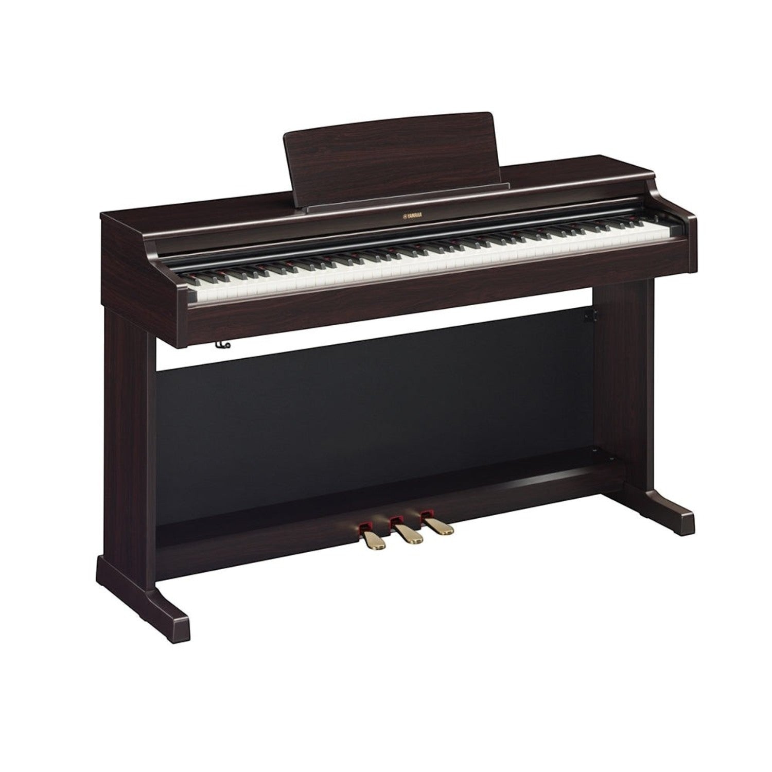 Đàn piano điện Yamaha YDP-165 màu nâu gỗ tại Tân Nhạc Cụ, dáng tủ đứng với 3 pedal và giá nhạc