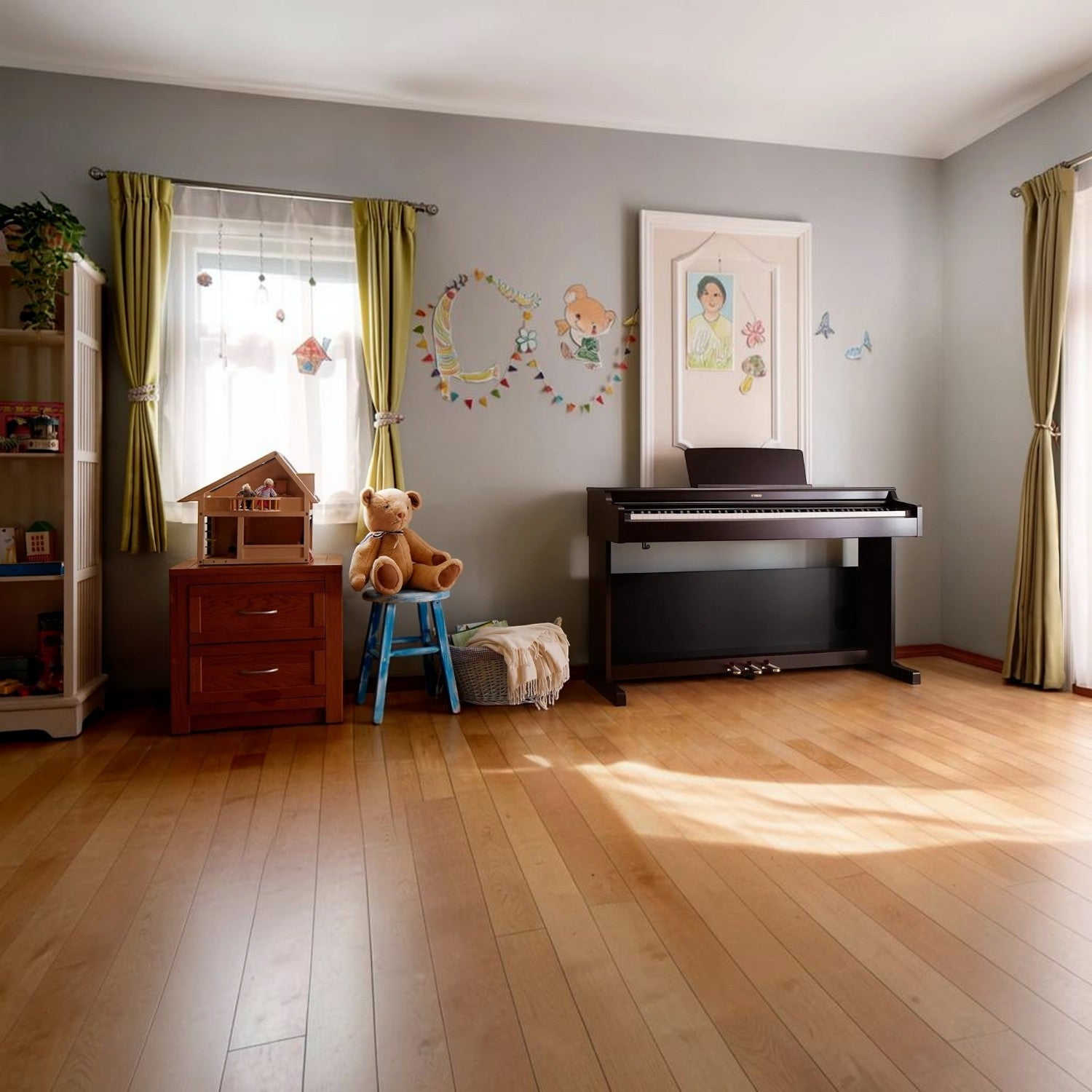 Đàn piano điện Yamaha YDP-165 màu đen dáng tủ đứng đặt trong phòng khách ấm cúng tại TÂN NHẠC CỤ