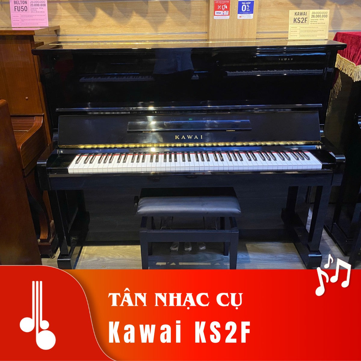 Đàn piano cơ Kawai KS2F màu đen bóng sang trọng tại TÂN NHẠC CỤ, thiết kế upright thùng cao 131cm bền bỉ